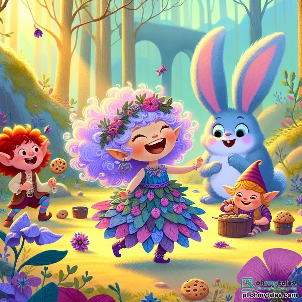 Une illustration sous forme de dessin destinée aux enfants représentant une scène joyeuse dans le magique et coloré Bois des Merveilles, où une petite elfe aux longs cheveux bouclés de couleur lavande, vêtue d'une robe en pétales de fleurs, danse avec entrain au milieu d'une clairière ensoleillée, entourée de ses amis : un elfe aux cheveux roux et aux grands yeux ronds, riant aux éclats, et un elfe un peu rondouillard avec un sourire malicieux, tous deux en train de préparer des biscuits aux baies, tandis qu'un grand lapin bleu aux oreilles géantes les observe avec curiosité, créant une atmosphère de joie et de camaraderie.