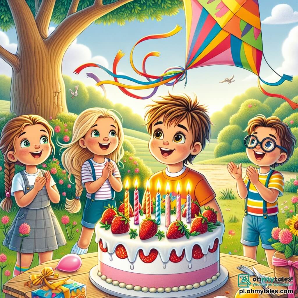 Une illustration sous forme de dessin destinée aux enfants représentant une joyeuse scène d'anniversaire dans un jardin ensoleillé de la petite ville de Zielona Dolina, où un garçon de 11 ans aux cheveux châtains et aux yeux pétillants, vêtu d'un t-shirt coloré et d'un short, s'apprête à souffler ses bougies sur un grand gâteau décoré de fraises, entouré de ses amis : une fille aux cheveux blonds tressés qui tient un ballon rose, et un garçon aux lunettes et aux cheveux bruns qui applaudit avec enthousiasme, tandis qu'un grand arbre en arrière-plan abrite un magnifique cerf-volant coloré qui s'est envolé, symbolisant l'aventure et la joie de cette journée spéciale.