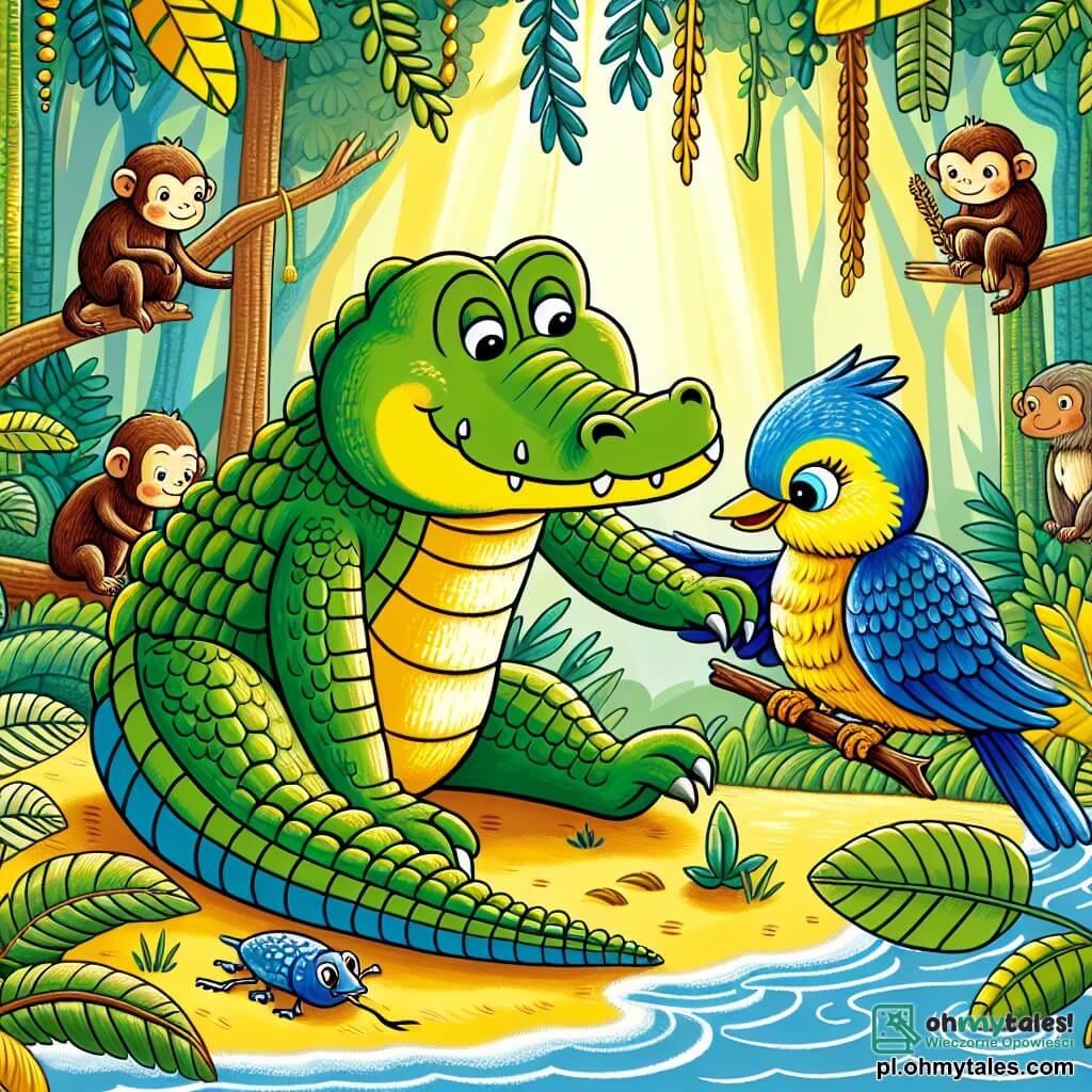 Une illustration sous forme de dessin destinée aux enfants représentant une scène vibrante dans une jungle luxuriante, où un grand crocodile à la peau verte brillante et aux yeux doux aide un petit oiseau coloré, avec des plumes jaunes et bleues, à se libérer des branches d'un arbre, tandis qu'en arrière-plan, des singes curieux et des grenouilles joyeuses les observent, le tout baigné par la lumière dorée du soleil filtrant à travers le feuillage, évoquant un moment de camaraderie et d'entraide dans la nature.