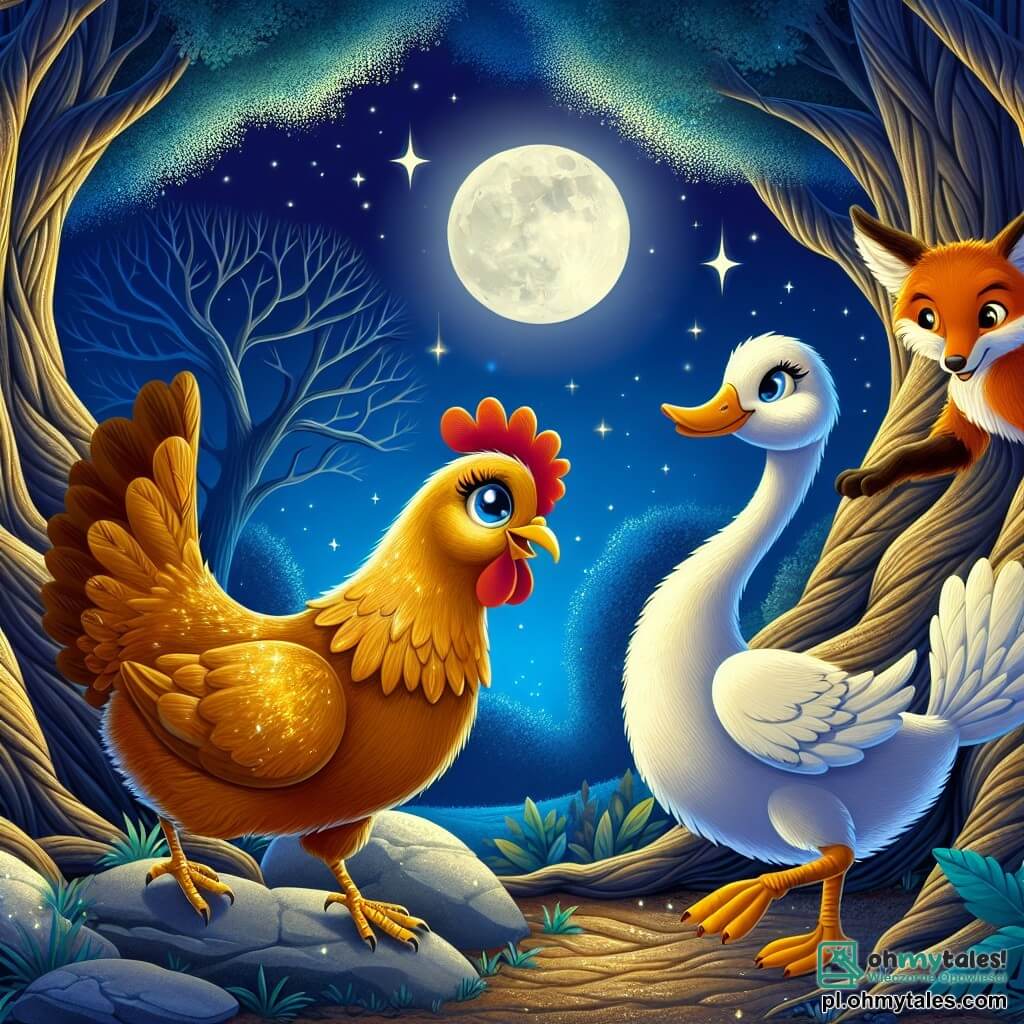 Ilustracja przedstawiająca magiczną scenę w nocnym lesie, gdzie światło księżyca oświetla drzewa z sękatymi pniami i błyszczącymi liśćmi. W centrum, kura z złotymi i błyszczącymi piórami, z oczami pełnymi ciekawości, stoi na kamieniu, podziwiając tajemniczą dużą jaskinię. Obok niej tańczy z gracją gęś, z białym upierzeniem i błoniastymi nogami, radośnie rozkładając skrzydła, podczas gdy przebiegły lis z rudym futrem i figlarnymi oczami zbliża się do nich, zaintrygowany ich obecnością. Kura wydaje się gotowa na przygodę, podczas gdy gęś i lis wymieniają porozumiewawcze spojrzenia. W tle migoczą gwiazdy na głębokim niebie, a cienie nocnych stworzeń rysują się, dodając odrobinę tajemniczości tej przygodzie.