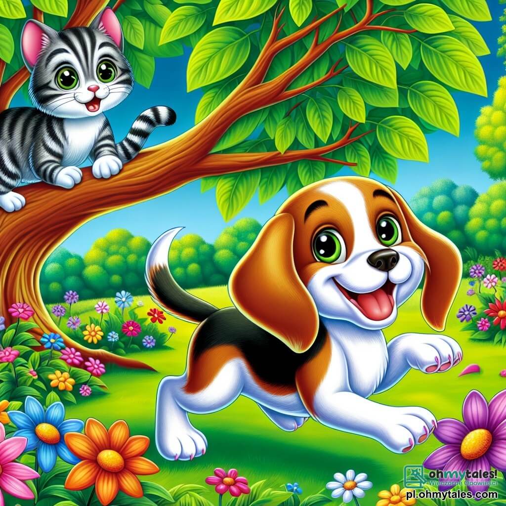 Une illustration destinée aux enfants représentant un joyeux chien beagle au pelage tacheté de brun et de blanc, avec des oreilles tombantes qui flottent dans le vent, courant à travers un parc coloré, parsemé de fleurs éclatantes et d'arbres majestueux aux feuilles vert émeraude, tandis qu’un chat espiègle, à la fourrure rayée de gris, observe de son perchoir sur une branche, le regard malicieux, se préparant à participer à une course amusante.