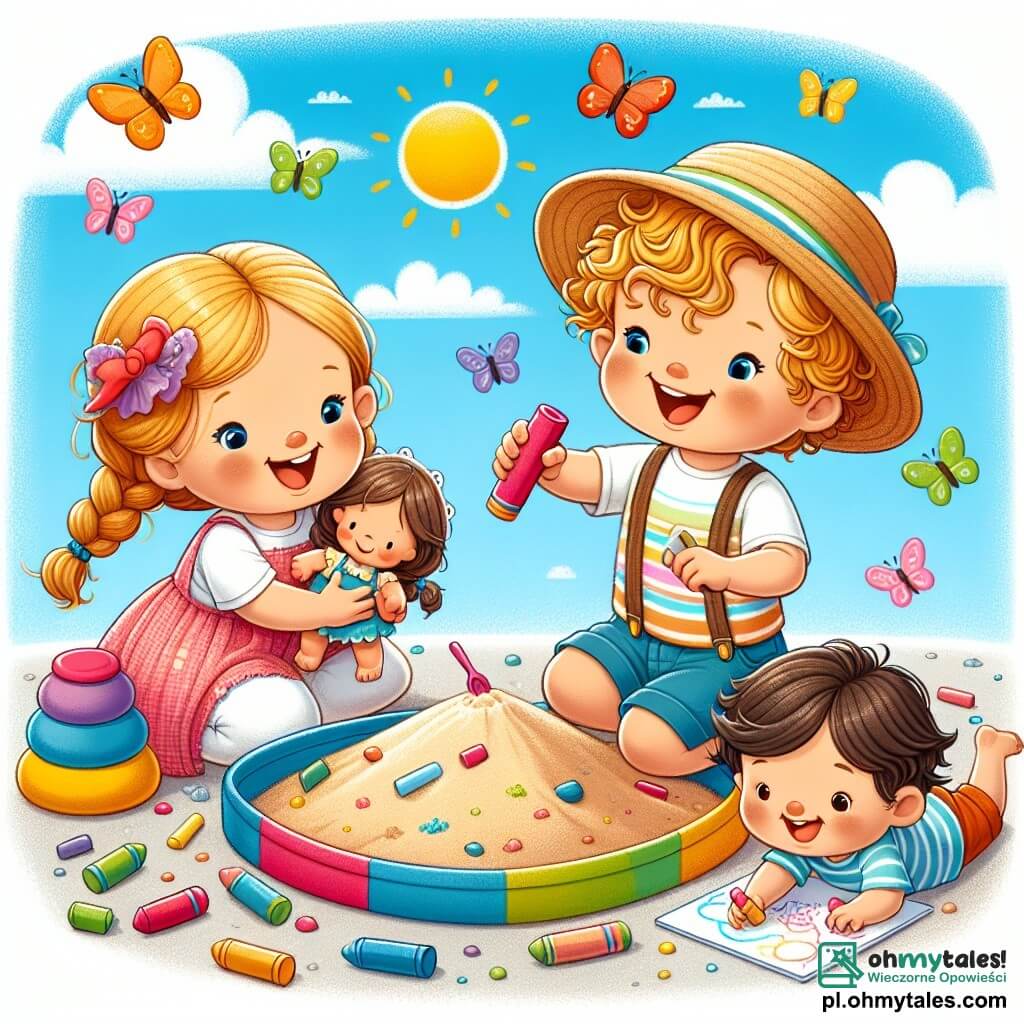 Une illustration sous forme de dessin destinée aux enfants représentant une joyeuse scène d'été dans une cour de récréation ensoleillée, avec un garçon de 1 an aux cheveux blonds et bouclés, portant un petit chapeau de paille et jouant dans une grande boîte de sable, entouré de deux enfants : une fille aux cheveux bruns tressés qui tient une poupée et un garçon aux cheveux châtains qui dessine avec des craies colorées, tous riant et s'amusant ensemble, tandis que des papillons colorés volent autour d'eux sous un ciel bleu éclatant.