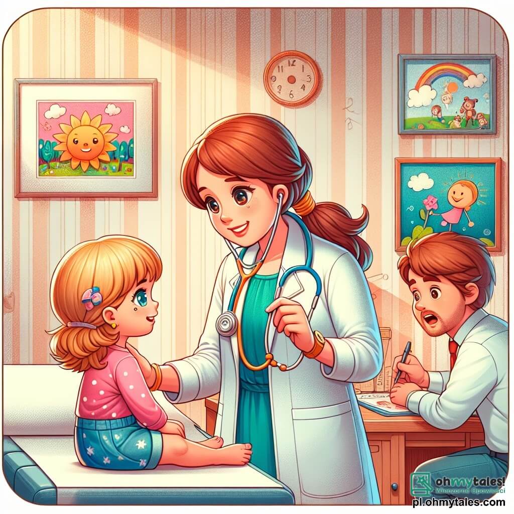 Une illustration sous forme de dessin destinée aux enfants représentant un cabinet médical chaleureux et coloré, avec des murs ornés de dessins d'enfants, où une femme médecin aux cheveux châtains, portant un stéthoscope autour du cou et un sourire bienveillant, examine une petite fille aux cheveux blonds et aux yeux pétillants, assise sur une table d'examen, tandis qu'un homme anxieux aux cheveux bruns, vêtu d'une chemise décontractée, attend à l'entrée, illustrant la scène où la médecin aide la fillette à surmonter sa peur d'une visite médicale.