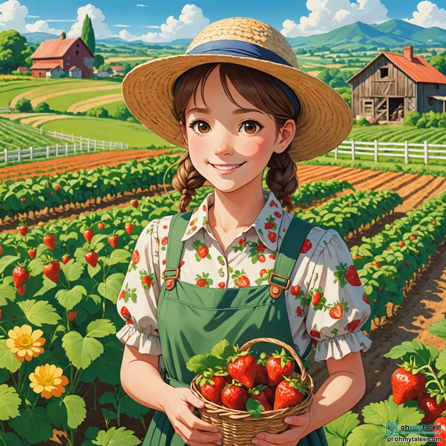 Une illustration destinée aux enfants représentant une femme au sourire chaleureux et aux cheveux bruns en chignon, vêtue d'une blouse à fleurs et d'un chapeau de paille, se tenant fièrement au milieu de sa ferme colorée, entourée de champs verdoyants où poussent des truskawki éclatantes et des carottes bien rangées, tandis que deux enfants, un garçon aux yeux pétillants et une fille aux tresses dorées, s'affairent joyeusement à récolter des fruits et légumes sous un ciel bleu azur parsemé de nuages cotonneux, créant une atmosphère de camaraderie et de joie au cœur de cette oasis de nature.