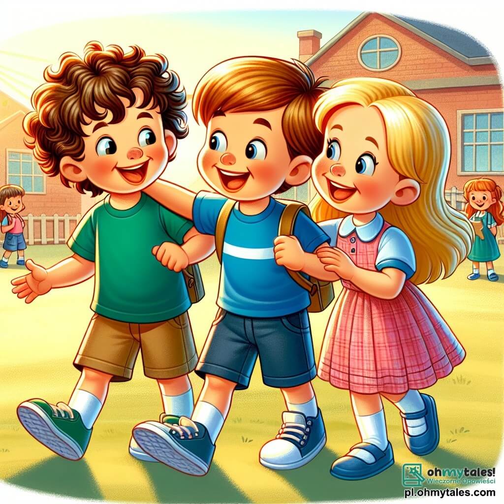 Une illustration sous forme de dessin destinée aux enfants représentant une cour d'école ensoleillée, avec un garçon de 7 ans aux cheveux bruns et bouclés, portant un t-shirt bleu et un short, qui sourit joyeusement en jouant avec une fille aux cheveux longs et blonds, vêtue d'une robe rose, tandis qu'un autre garçon aux cheveux châtains, habillé d'un t-shirt vert, les regarde avec enthousiasme, tous trois partageant un moment de camaraderie et d'excitation à l'approche de la rentrée des classes.