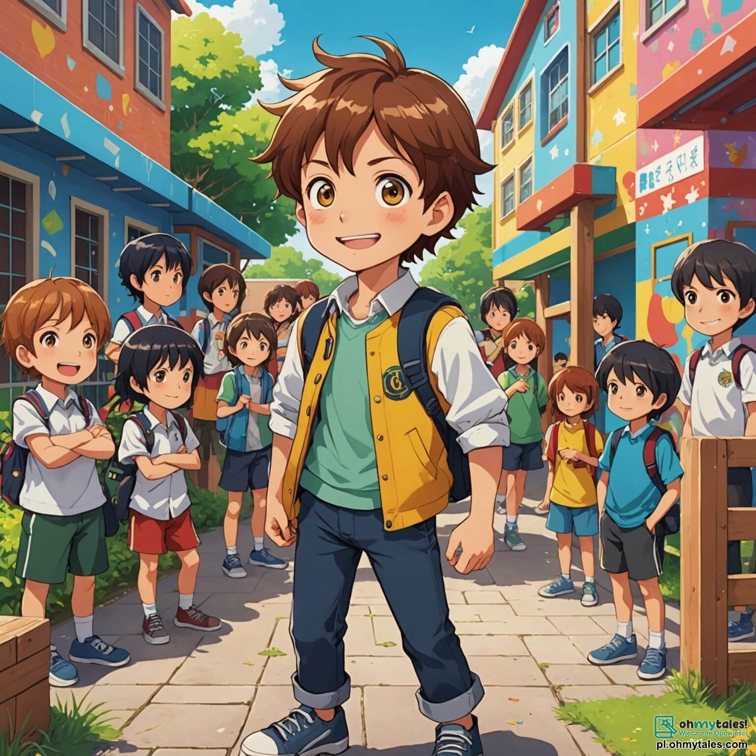 Une illustration destinée aux enfants représentant un garçon aux cheveux châtains et aux yeux pétillants de curiosité, se tenant courageusement au milieu d'une cour d'école colorée, entourée de murs peints de fresques joyeuses et de jeux en bois, tandis qu'il fait face à un groupe de camarades, dont certains sont des garçons aux cheveux noirs et à la peau dorée, qui le regardent avec des sourires moqueurs, alors qu'il tente de défendre son nouvel ami, un garçon aux cheveux bouclés et à la peau plus foncée, qui vient d'arriver dans leur classe et qui se sent exclu, illustrant ainsi la lutte contre le racisme et l'importance de l'amitié dans un monde où les différences devraient être célébrées plutôt que critiquées.