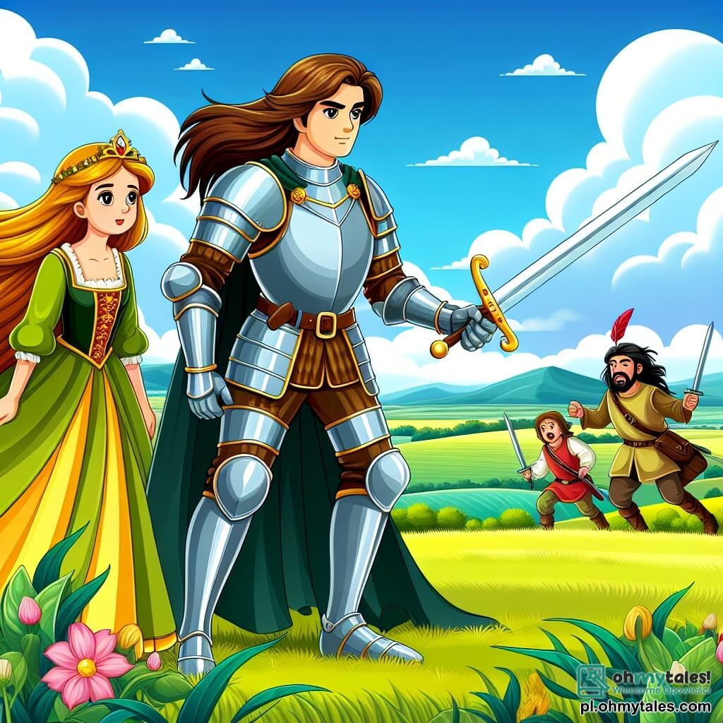 Une illustration sous forme de dessin destinée aux enfants représentant un vaste champ verdoyant sous un ciel bleu éclatant, où un courageux chevalier aux cheveux bruns, portant une armure brillante et brandissant un épée, se tient fermement face à un groupe de bandits hurlants, tandis qu'une jeune princesse aux longs cheveux dorés, vêtue d'une robe colorée, observe avec espoir depuis une colline voisine, prête à encourager le chevalier dans sa lutte pour sauver son royaume.