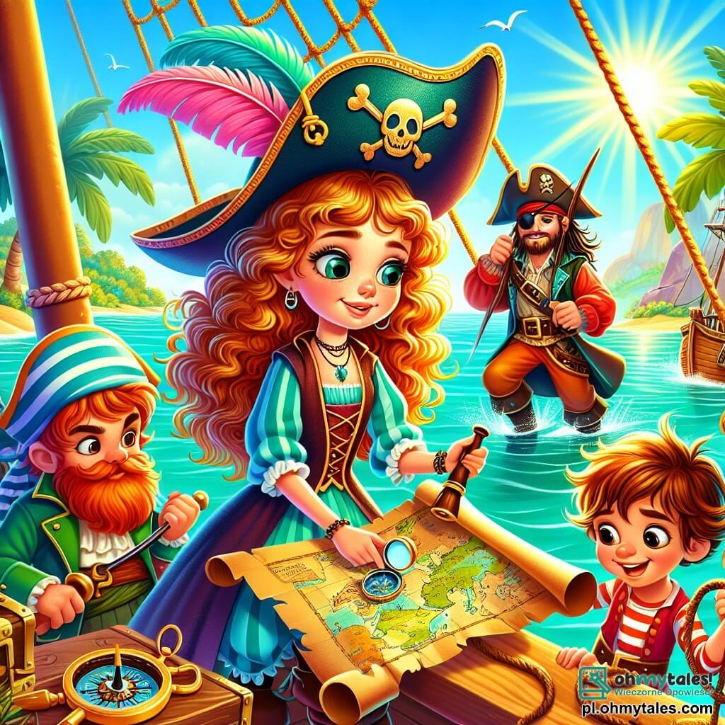 Une illustration sous forme de dessin destinée aux enfants représentant une scène vibrante sur un bateau pirate voguant sur des eaux turquoise, avec une jeune femme pirate aux longs cheveux bouclés couleur miel, portant un large chapeau orné d'un grand plumage, tenant une vieille carte au trésor, entourée de trois compagnons : un garçon aux cheveux roux, musclé et déterminé, prêt à tirer son arc, une fille aux yeux malicieux, vêtue de vêtements colorés, examinant une boussole, et un petit garçon au visage souriant, tenant une corde, alors qu'ils s'apprêtent à découvrir un trésor caché sur une île mystérieuse, avec des palmiers dorés et un ciel ensoleillé en arrière-plan.