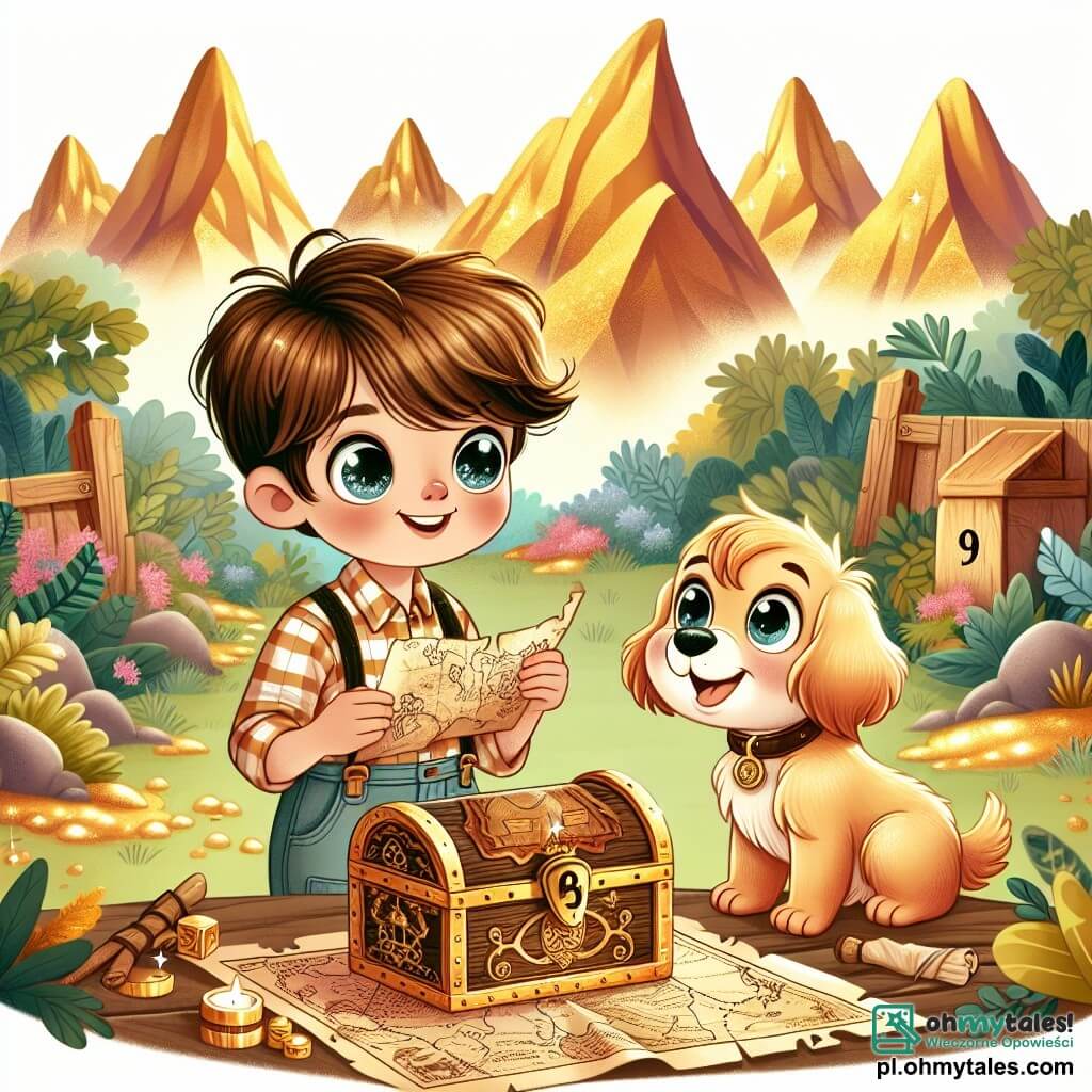 Une illustration sous forme de dessin destinée aux enfants représentant une scène magique dans les Złote Góry, où un jeune garçon aux cheveux bruns et aux yeux pétillants, vêtu d'une chemise à carreaux et d'un pantalon en toile, examine une vieille carte au trésor, tandis qu'à ses côtés, un petit chien au pelage doré, joyeux et curieux, renifle une mystérieuse boîte en bois ornée de motifs anciens, le tout entouré de majestueuses montagnes dorées et de végétation luxuriante, évoquant une aventure pleine de mystères et de découvertes.