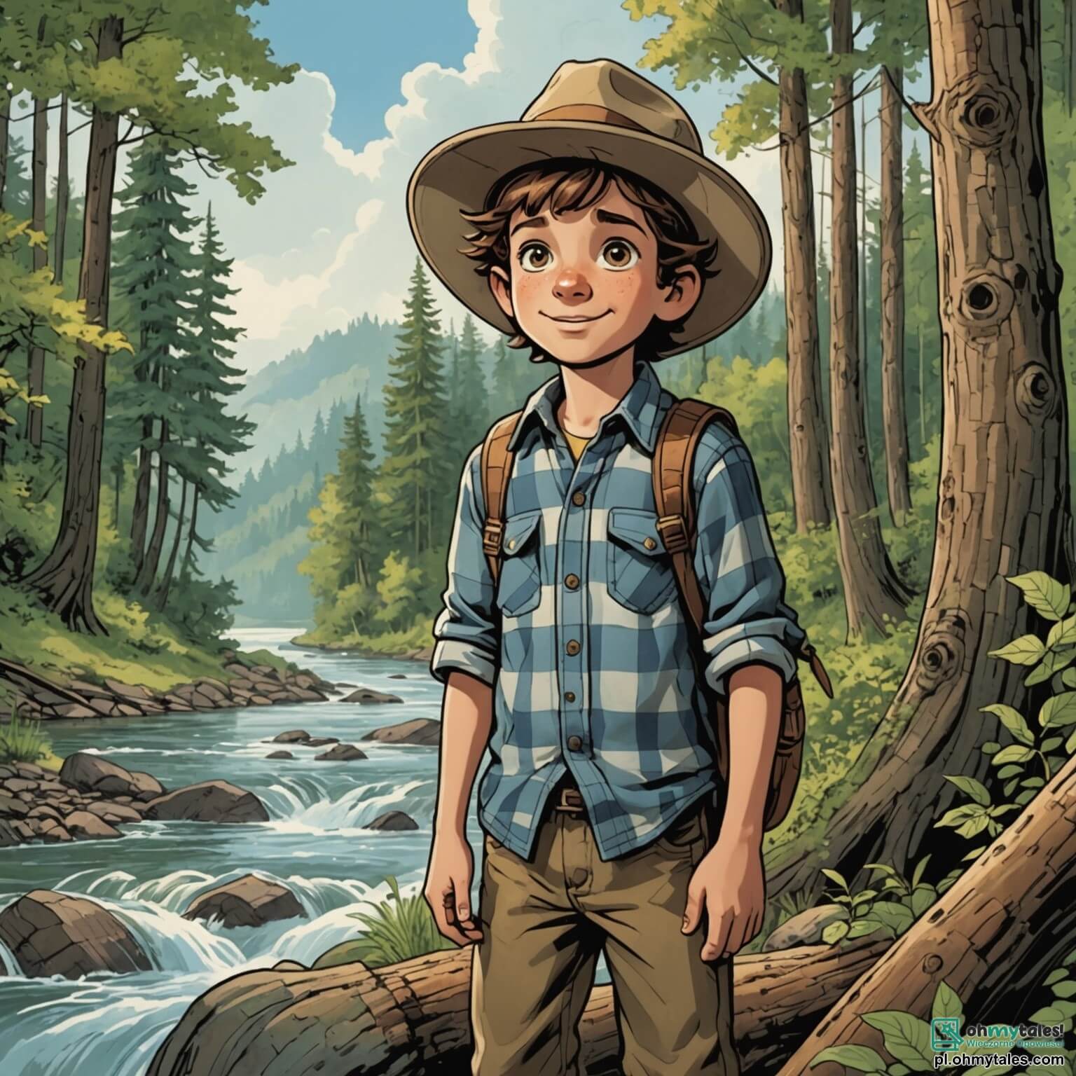 Une illustration destinée aux enfants représentant un jeune garçon intrépide aux yeux pétillants de curiosité, vêtu d'une chemise à carreaux et d'un chapeau d'explorateur, se tenant au bord d'une rivière tumultueuse, entouré de grands arbres aux troncs noueux et de feuillages luxuriants, tandis qu'à ses côtés, son fidèle ami, un garçon au sourire malicieux et aux cheveux en bataille, l'encourage à traverser le passage secret menant à une grotte mystérieuse, où des légendes de trésors cachés et de créatures enchantées flottent dans l'air, le tout se déroulant dans une forêt dense et vibrante de couleurs, où les rayons du soleil filtrent à travers les branches, créant un spectacle féerique de lumière et d'ombre.