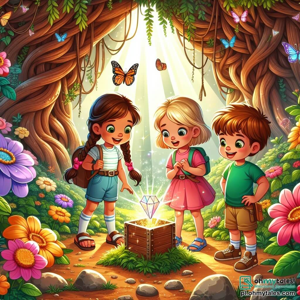 Ilustracja przedstawiająca magiczny ogród, wypełniony jasnymi, kolorowymi kwiatami, dużymi drzewami o skręconych pniach i kolorowymi motylami unoszącymi się w powietrzu. W centrum tej sceny trzej młodzi poszukiwacze przygód: dziewczynka w wieku sześciu lat z długimi brązowymi włosami, ubrana w różową sukienkę i sandały, klęczy, aby dotknąć błyszczącej gałązki wystającej z ziemi; inna sześciolatka z blond warkoczykami, w niebieskiej koszulce i szortach, z zachwytem patrzy na małe, świecące pudełko z drewna; oraz chłopiec w wieku sześciu lat z kasztanowymi włosami, w zielonej koszulce i krótkich spodniach, uśmiecha się, trzymając kolorowy liścik. Główna sytuacja pokazuje dzieci odkrywające tajemniczy ogród pełen cudów, z promieniami słońca filtrującymi przez liście, tworzącymi zaczarowaną atmosferę. W tle gigantyczne kwiaty, przyjazne owady i błyski światła dodają magii temu momentowi przygody i odkrycia.