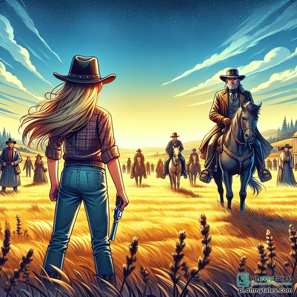 Une illustration sous forme de dessin destinée aux enfants représentant une prairie dorée sous un ciel bleu éclatant, où une jeune fille aux longs cheveux blonds, vêtue d'un chapeau de cow-boy et d'une chemise à carreaux, se tient courageusement devant un groupe de villageois inquiets, tandis qu'un homme au visage marqué par le temps, portant un manteau en cuir, se tient en retrait, observant la scène avec une expression de regret, alors qu'ils font face à un bandit mystérieux qui s'approche à cheval, créant une atmosphère de tension et d'espoir de rédemption.