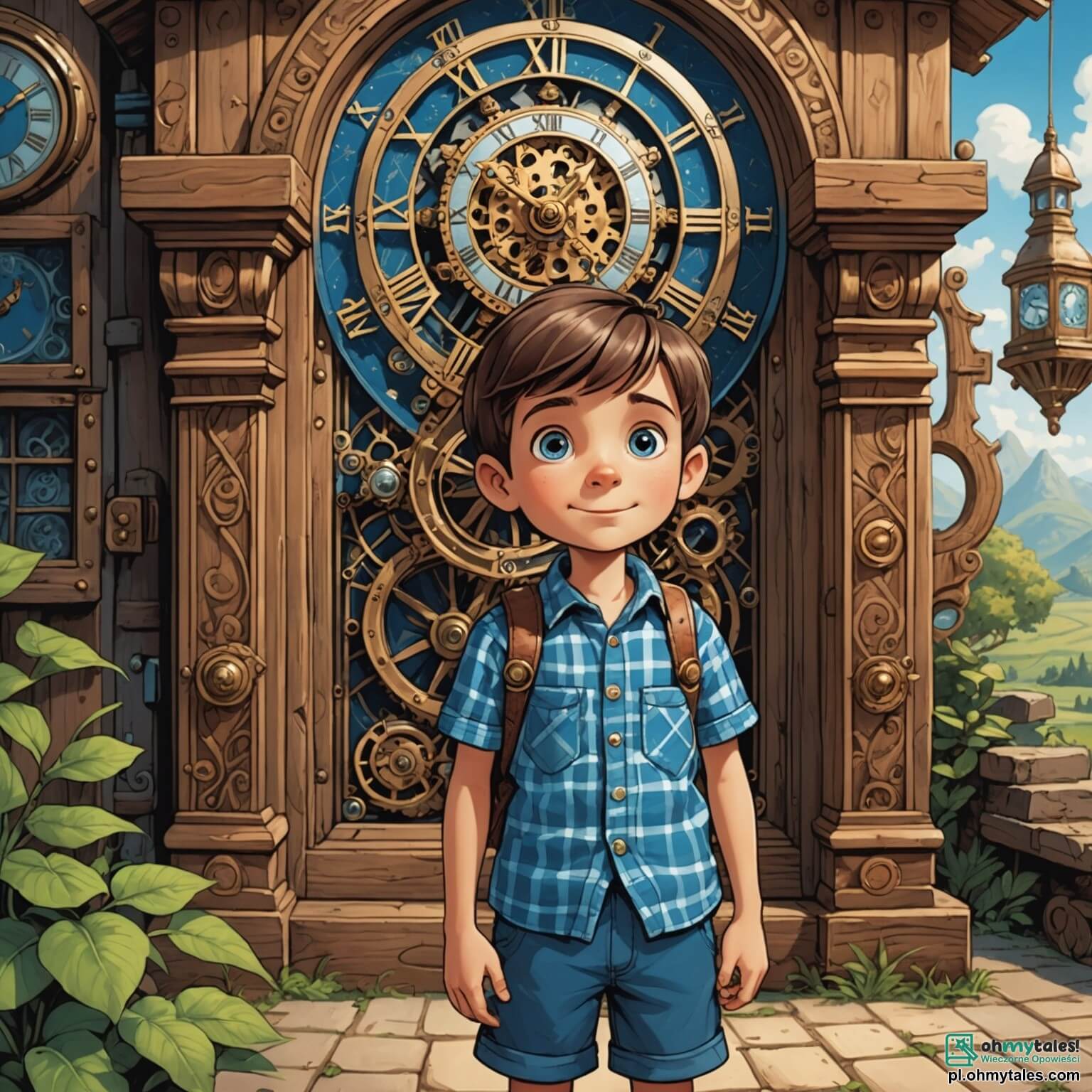 Une illustration destinée aux enfants représentant un petit garçon curieux aux yeux pétillants, vêtu d'une chemise à carreaux et d'un short bleu, se tenant devant un mystérieux et ancien horloge en bois ornée de motifs délicats et de rouages étincelants, alors qu'il se prépare à vivre une incroyable aventure à travers le temps, accompagné d'un robot amical aux formes arrondies et aux yeux lumineux, dans un monde enchanteur où les paysages sont parsemés de prairies verdoyantes, de fleurs multicolores dansant au gré du vent, et de majestueux arbres aux troncs noueux, tandis qu'une petite choupette aux poils soyeux, pleine de vie et de malice, les guide à travers un fascinant royaume de nuages cotonneux et de montagnes scintillantes, où chaque tournant promet des découvertes éblouissantes.