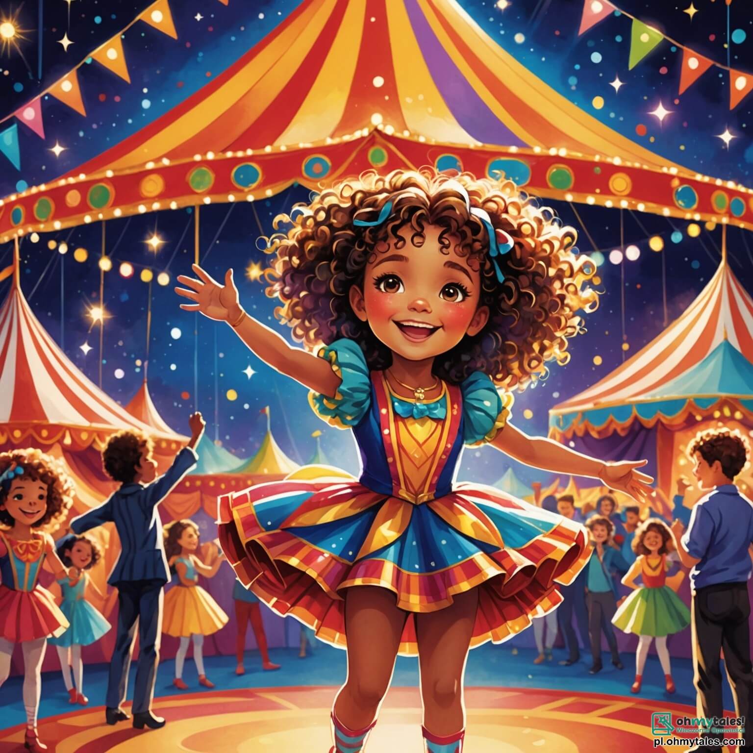 Une illustration destinée aux enfants représentant une petite fille aux cheveux bouclés et pétillants d'énergie, vêtue d'un costume coloré scintillant sous les lumières vives d'un grand chapiteau de cirque, où elle rêve de devenir une acrobate éblouissante, entourée de son amie, une jeune femme souriante aux mouvements gracieux, dans un monde vibrant de rires, de musique joyeuse et de couleurs éclatantes.