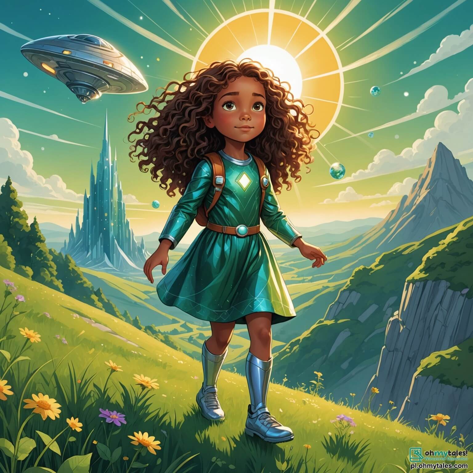 Une illustration destinée aux enfants représentant une jeune fille aux longs cheveux bouclés, pleine de curiosité et d'énergie, se tenant sur un sommet verdoyant d'une colline ensoleillée, où un vaisseau spatial argenté scintille sous les rayons dorés du soleil, tandis qu'elle fait la rencontre d'un extraterrestre aux écailles chatoyantes et aux yeux lumineux, qui lui demande de l'aide pour retrouver un cristal magique perdu dans un mystérieux et coloré monde rempli de créatures fantastiques et de plantes luminescentes, où des amis ailés, petits et malicieux, l'accompagnent dans cette aventure palpitante à travers des forêts enchantées et des rivières scintillantes.