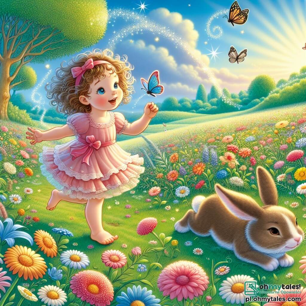 Une illustration sous forme de dessin destinée aux enfants représentant une vaste et ensoleillée prairie parsemée de fleurs colorées, où une petite fille de 3 ans aux cheveux bouclés et à la robe rose à volants danse joyeusement en poursuivant un motyle bleu, tandis qu'un petit lapin aux grandes oreilles, allongé sur l'herbe, regarde la scène avec un air paresseux, le tout évoquant une atmosphère de magie et d'amusement dans un monde de fantasy humoristique.