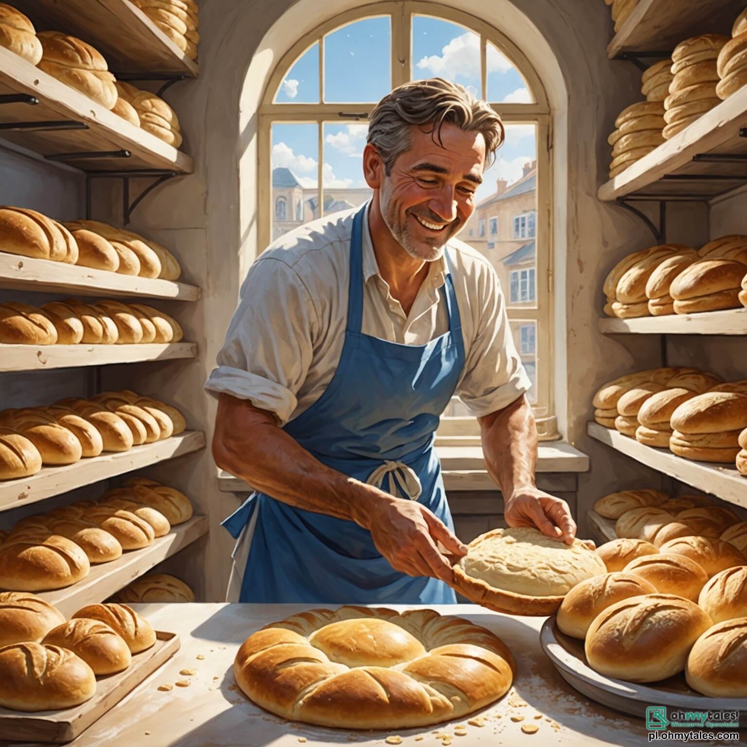 Une illustration destinée aux enfants représentant un homme au sourire chaleureux, vêtu d'un grand tablier blanc, pétrissant avec passion une pâte dorée dans une boulangerie animée, où les rayons de soleil filtrent à travers les grandes fenêtres, illuminant les sacs de farine empilés et les étagères remplies de pains croustillants, tandis qu'une petite fille aux warkoczykach et à la robe bleue observe avec émerveillement, impatiente de découvrir les secrets de la fabrication du pain.