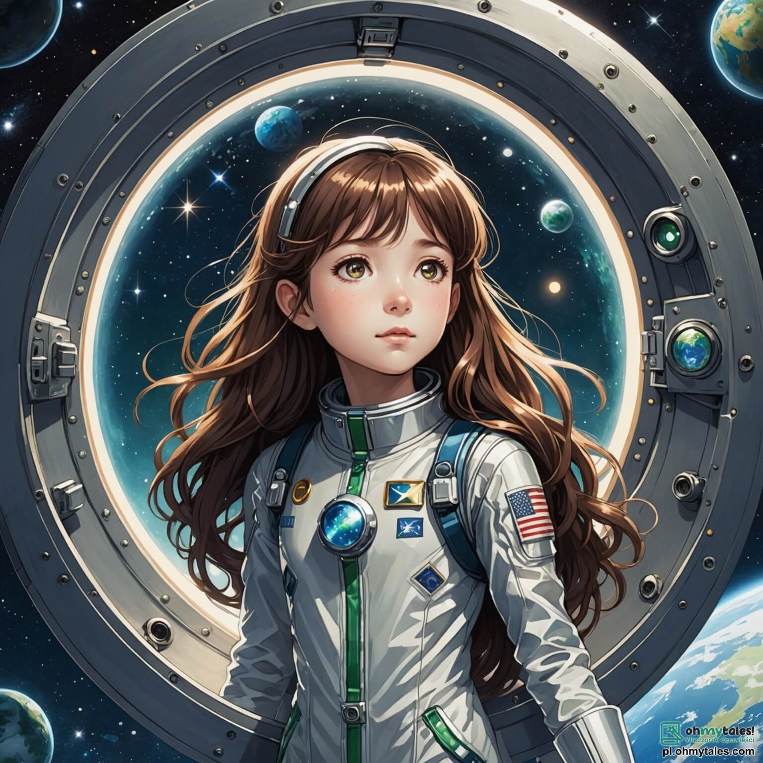 Une illustration destinée aux enfants représentant une jeune fille aux longs cheveux bruns flottant comme des étoiles dans l'immensité du cosmos, vêtue d'une combinaison spatiale étincelante qui semble capturer la lumière des galaxies, se tenant avec émerveillement devant un grand hublot d'une fusée argentée, où l'on peut apercevoir la Terre bleue et verte en contrebas, tandis qu'à ses côtés, un garçon aux cheveux courts et bouclés, portant des lunettes de protection, observe avec fascination les constellations scintillantes, le tout se déroulant dans le cockpit futuriste de la fusée, rempli de boutons lumineux, d'écrans clignotants et de cartes stellaires, où chaque détail évoque l'aventure et l'exploration de l'infini.