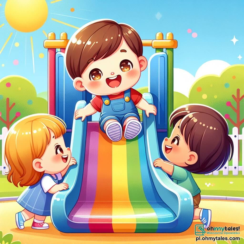 Une illustration sous forme de dessin destinée aux enfants représentant un parc ensoleillé avec un grand toboggan coloré, où un garçon de 3 ans, aux cheveux bruns et aux yeux pétillants, s'amuse à glisser sur le toboggan en riant, tandis que deux enfants, une fille aux cheveux blonds et une autre garçon aux cheveux châtains, l'encouragent joyeusement depuis le bas, tous trois partageant un moment de bonheur et d'amitié, illustrant l'idée que chacun peut jouer et s'amuser, peu importe les différences.