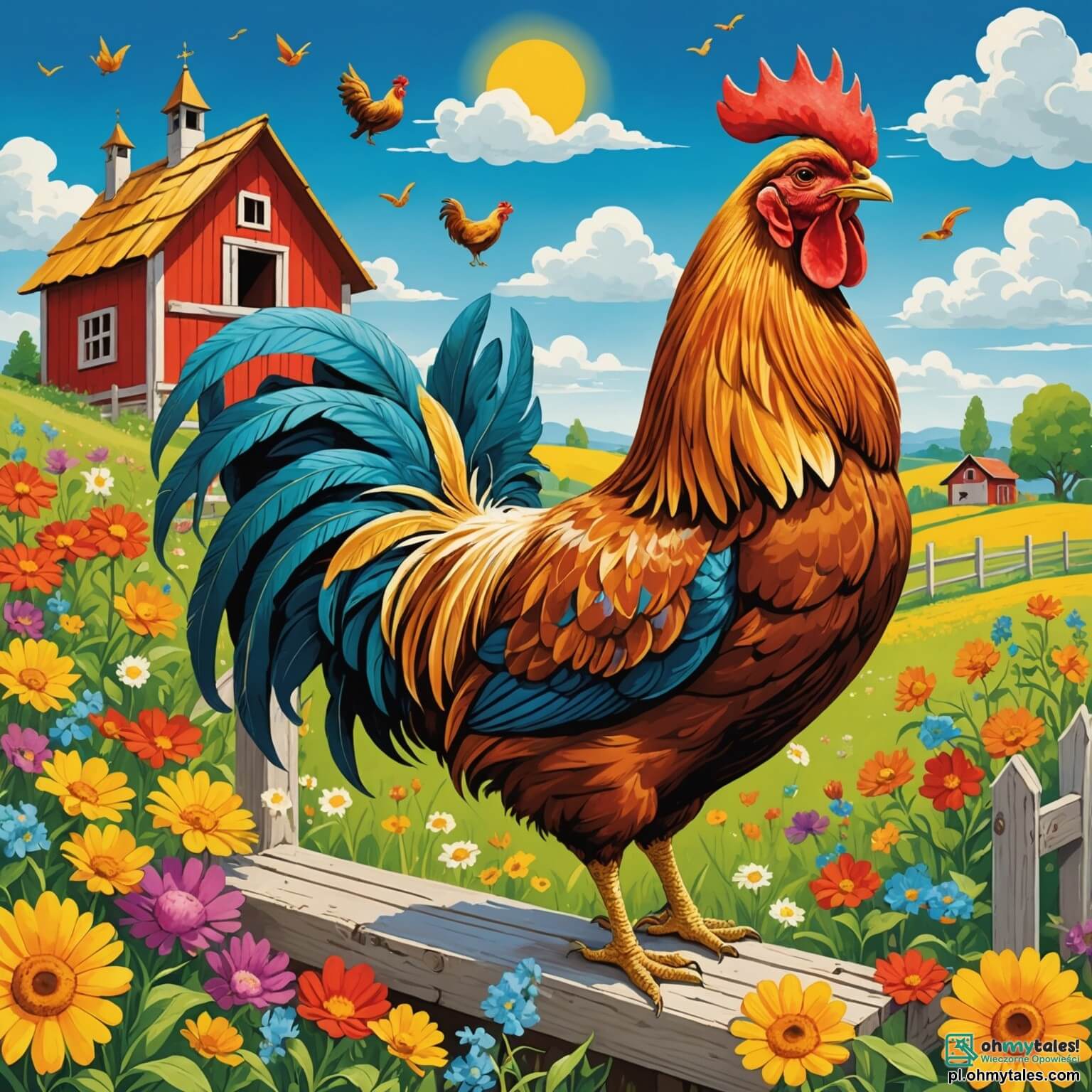 Une illustration destinée aux enfants représentant une poule joyeuse aux plumes dorées, rêvant de voler haut dans le ciel bleu, se tenant sur le toit d'un kurnik en bois peint de couleurs vives, entourée de fleurs éclatantes et de champs verdoyants, tandis qu'un coq fier et coloré, son ami fidèle, l'encourage à réaliser ses rêves.