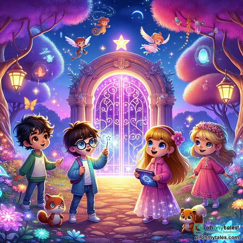 Ilustracja przedstawiająca magiczną scenę w Krainie Cudów, gdzie niebo jest jasnofioletowe, a drzewa świecą jak lampiony. W centrum grupa czterech dzieci stoi przed ogromnym, jasnym portalem, otoczonym kolorowymi kwiatami i fantastycznymi stworzeniami. Pierwsze dziecko, chłopiec w wieku około 8 lat, ma rozczochrane brązowe włosy i błyszczące oczy. Trzyma w jednej ręce holograficzny notes i z zachwytem patrzy na portal. Obok niego stoi 7-letnia dziewczynka z długimi złotymi włosami i błyszczącą różową sukienką, trzymająca różdżkę, gotowa do rzucenia zaklęcia. Za nimi 9-letni chłopiec w okularach i z czarnymi włosami manipuluje małym robotem, który unosi się obok niego, podczas gdy 6-letnia dziewczynka z brązowymi włosami i pluszowym wiewiórkiem na rękach z uśmiechem obserwuje latające stworzenia. Główna scena pokazuje dzieci, zafascynowane i ciekawe, gotowe do wejścia w magiczny portal, który zaprowadzi je do nowych przygód. Wokół nich unoszą się migoczące gwiazdy, a małe wróżki z kolorowymi skrzydłami tańczą w powietrzu, dodając magii całej scenie.