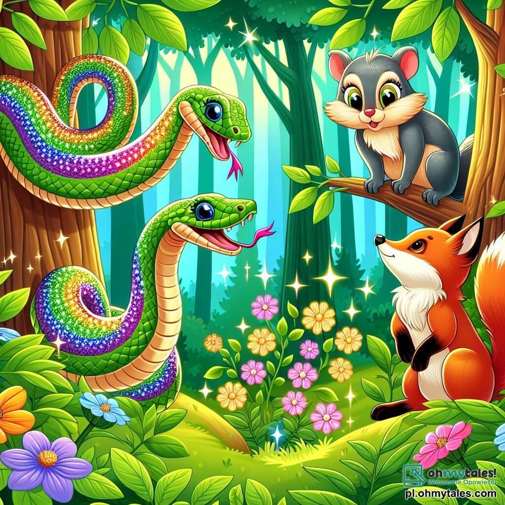 Une illustration sous forme de dessin destinée aux enfants représentant une forêt verdoyante, avec de grands arbres aux feuilles éclatantes, où un serpent aux écailles colorées, brillant comme une pluie d'étoiles, se faufile avec curiosité, tandis qu'une joyeuse petite écureuil aux yeux pétillants et un rusé renard aux poils roux l'observent avec enthousiasme, tous trois en quête d'un trésor magique caché, entourés de fleurs éclatantes et de rayons de soleil filtrant à travers le feuillage.
