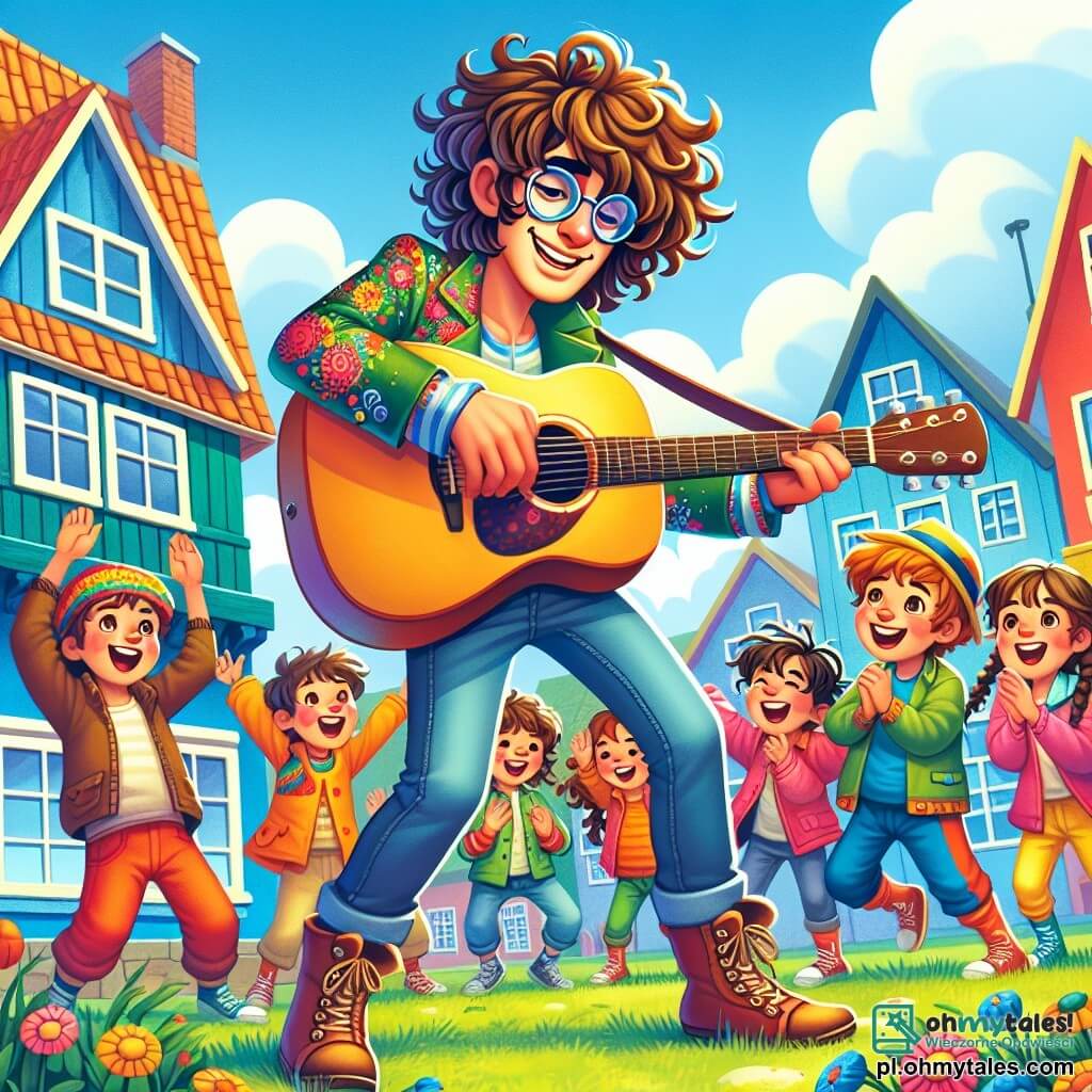 Une illustration sous forme de dessin destinée aux enfants représentant une scène vibrante dans un petit village coloré, où un jeune homme aux cheveux bouclés et aux lunettes rondes joue de la guitare sur une pelouse verdoyante, entouré d'un groupe d'enfants joyeux, dont un garçon en veste colorée qui danse et une fille aux cheveux tressés qui applaudit, alors qu'ils célèbrent la magie de la musique et l'amitié lors d'un concert improvisé sous un ciel ensoleillé.