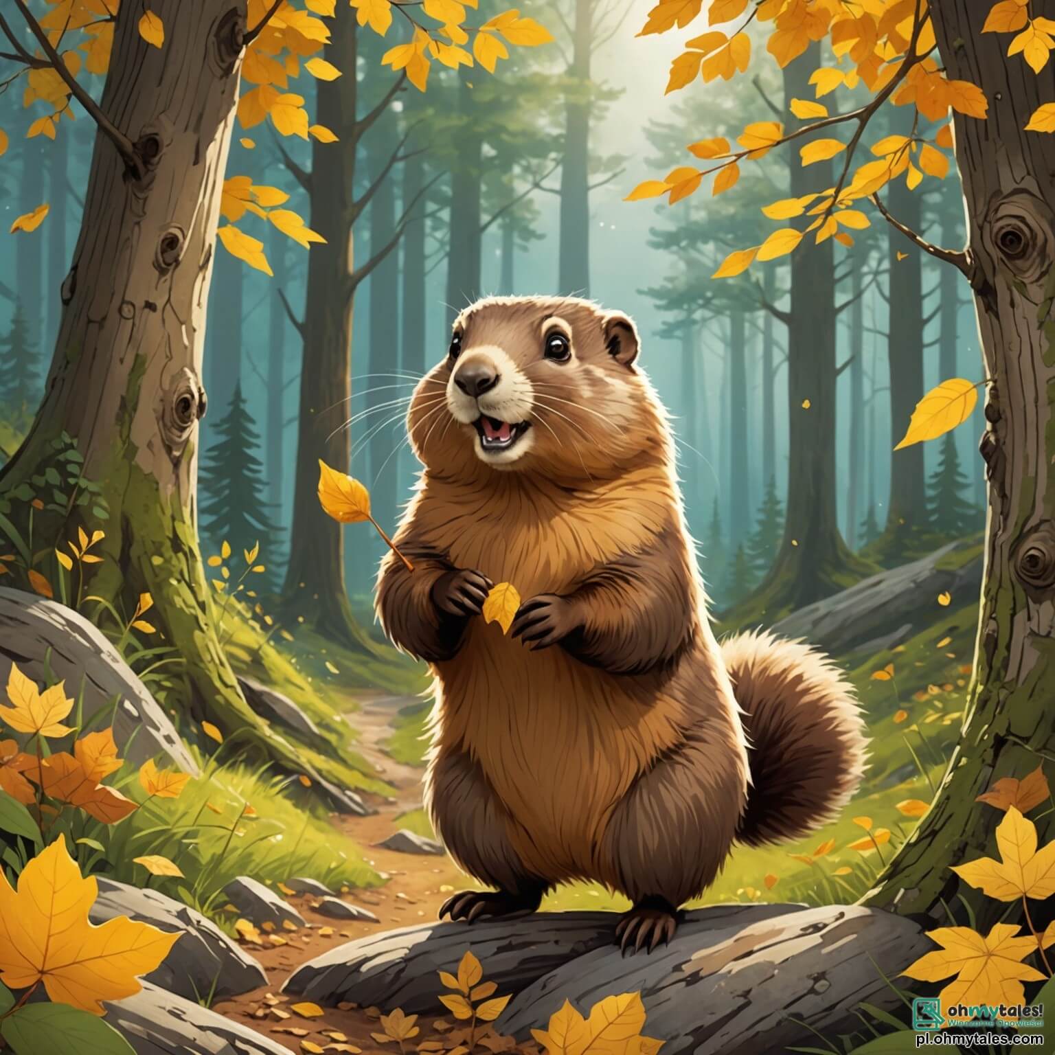Une illustration destinée aux enfants représentant une marmotte espiègle et curieuse, avec un pelage brun et des yeux pétillants de malice, se lançant dans une aventure en quête d'un mystérieux parfum sucré au cœur d'une forêt enchantée, où les arbres majestueux aux feuilles dorées dansent au gré du vent, et où un joyeux lapin aux grandes oreilles, ami fidèle de la marmotte, l'accompagne dans sa quête pleine de rires et de surprises.