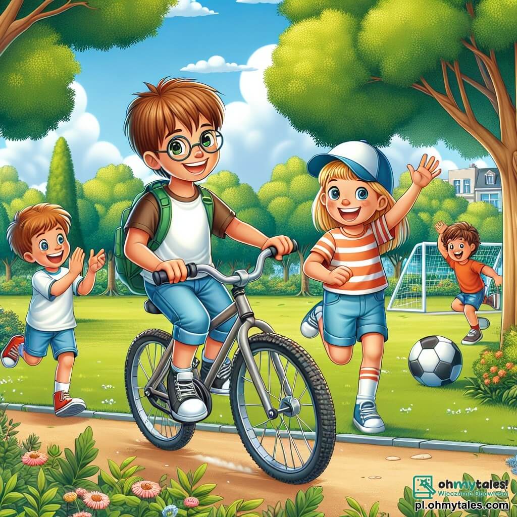 Une illustration sous forme de dessin destinée aux enfants représentant un parc ensoleillé avec des arbres verdoyants et des enfants jouant, au premier plan un garçon de 9 ans aux cheveux châtains et aux lunettes, souriant et en train de faire du vélo, tandis qu'à côté de lui, une fille aux cheveux blonds et une casquette, applaudissant joyeusement, et un autre garçon aux cheveux bruns, courant avec une balle de football, illustrant la joie de jouer ensemble à l'extérieur, loin des écrans.