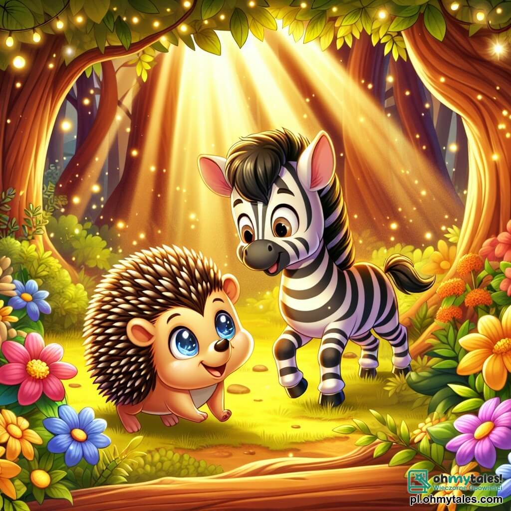 Une illustration sous forme de dessin destinée aux enfants représentant une forêt enchantée baignée de lumière dorée, avec un petit hérisson aux yeux pétillants et aux piquants brillants, curieux et joyeux, explorant une clairière magique remplie de fleurs colorées, tandis qu'un zèbre espiègle aux rayures noires et blanches, sautillant joyeusement, les observe depuis un arbre, tous deux découvrant ensemble les secrets de la nature et partageant des rires sous le chant des oiseaux.