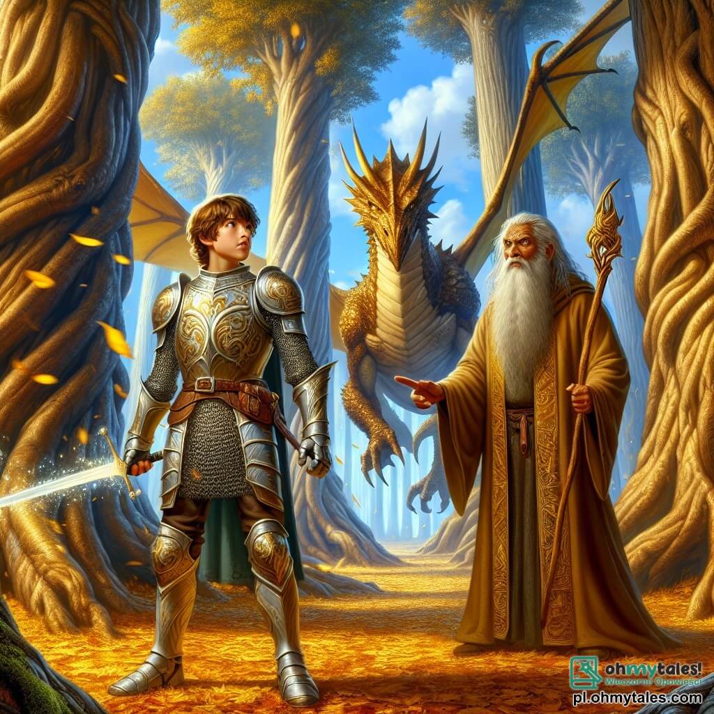 Ilustracja przedstawiająca magiczną scenę w zaczarowanym lesie, gdzie wysokie drzewa o skręconych pniach wznoszą się ku niebu wypełnionemu białymi chmurami. Promienie słońca filtrują przez liście, tworząc grę świateł na podłożu pokrytym złotymi liśćmi. Na środku obrazu stoi odważnie młody rycerz, chłopiec w wieku około szesnastu lat. Ma na sobie błyszczącą zbroję ozdobioną motywami smoków, z srebrnym napierśnikiem i hełmem z złotymi detalami. Jego twarz jest zdeterminowana, a oczy błyszczą odważnie, trzyma w dłoni lśniący miecz, gotowy stawić czoła czekającemu wyzwaniu. Obok niego stoi mądry mentor, starszy mężczyzna w wieku około pięćdziesięciu lat, z długą siwą brodą i przenikliwymi oczami, który z dumą obserwuje. Ubrany jest w szatę maga w ziemistych kolorach, trzyma w ręku rzeźbiony kij i wydaje się udzielać rad młodemu rycerzowi, wskazując palcem kierunek w lesie. Główna sytuacja pokazuje młodego rycerza przygotowującego się do stawienia czoła potężnemu smokowi, który ukrywa się za drzewami, jego złote łuski błyszczą w świetle. W powietrzu unoszą się iskry magii, dodając scenie mistycznego klimatu. W tle zarysowują się cienie fantastycznych stworzeń, sugerując przygodę, która czeka na młodego bohatera.