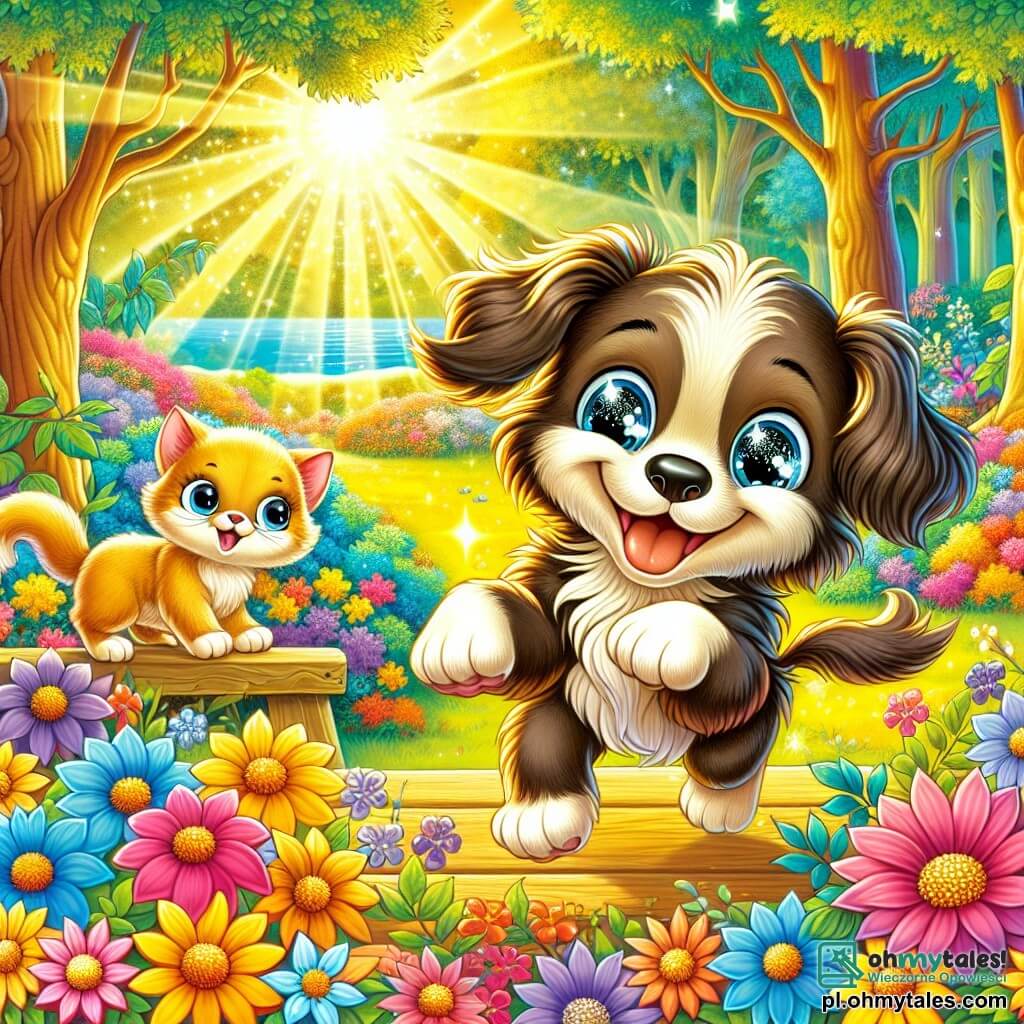 Une illustration destinée aux enfants représentant un petit chien espiègle aux yeux pétillants comme des étoiles, courant avec enthousiasme dans un parc coloré rempli de fleurs éclatantes aux teintes vives, où un chaton malicieux, aux poils soyeux et au sourire malicieux, l'observe depuis un banc en bois, le tout baigné par la lumière dorée du soleil qui filtre à travers les feuilles des arbres majestueux.