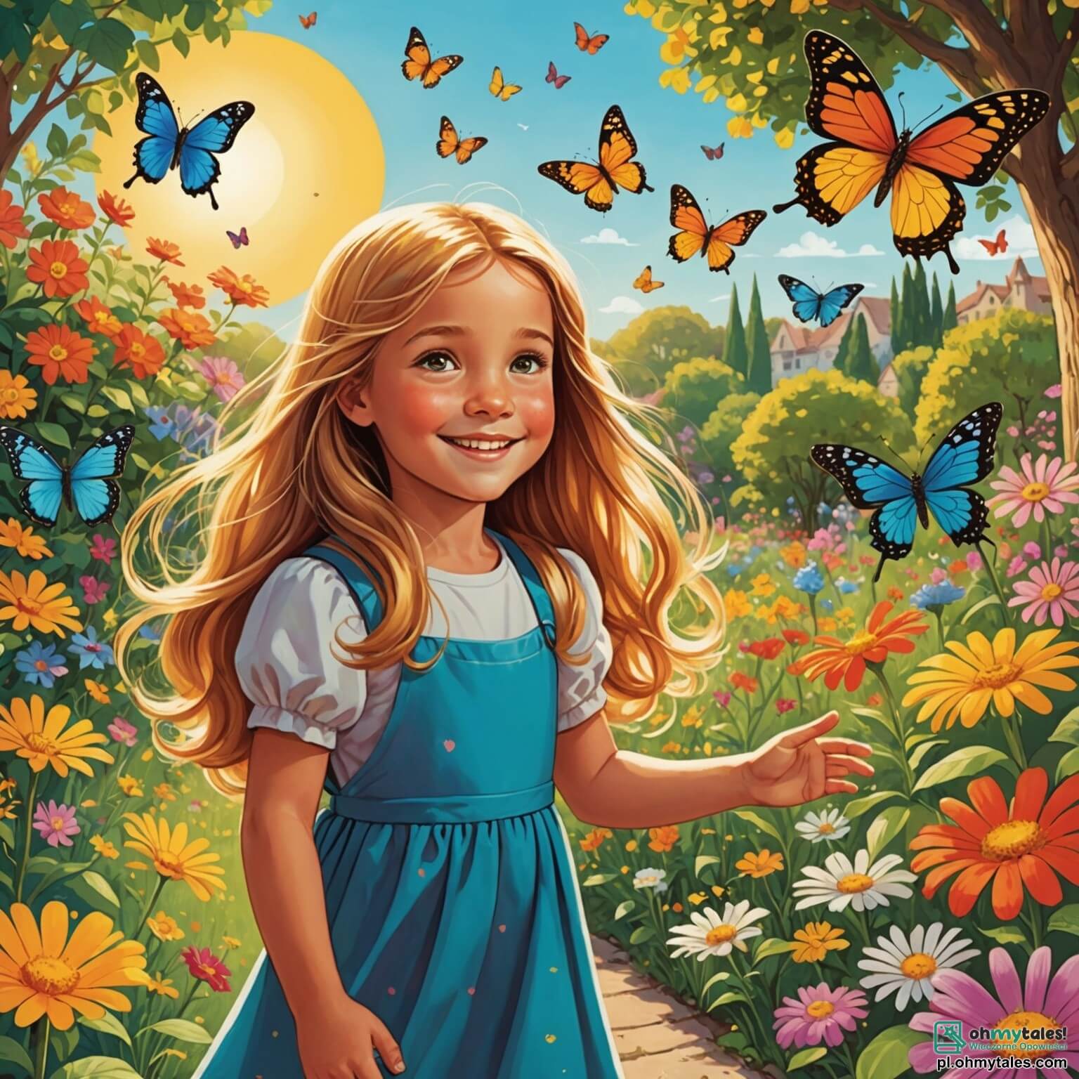 Une illustration destinée aux enfants représentant une petite fille aux longs cheveux dorés, illuminés par le soleil, qui se tient au milieu d'un jardin coloré rempli de fleurs éclatantes et de papillons virevoltants, alors qu'elle tend la main avec un sourire chaleureux vers un garçon aux cheveux bruns et aux yeux pétillants, qui semble un peu timide, tandis qu'un groupe d'autres enfants, de différentes origines et couleurs de peau, jouent joyeusement autour d'eux, créant une atmosphère de joie et d'harmonie, dans ce lieu magique où les rires s'entremêlent avec le doux parfum des fleurs, illustrant ainsi la beauté de la tolérance et de l'amitié.