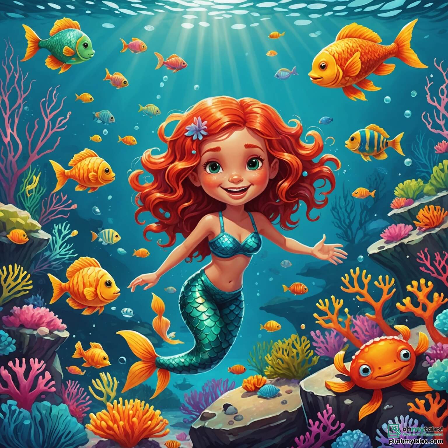 Une illustration destinée aux enfants représentant une sirène espiègle aux cheveux flamboyants, nageant joyeusement dans un océan scintillant de bleu turquoise, entourée de coraux multicolores et de poissons rieurs, tandis qu'un petit crabe malicieux, son ami, l'observe en grattant sa pince sur un rocher brillant, dans un monde sous-marin vibrant de vie et de couleurs éclatantes.