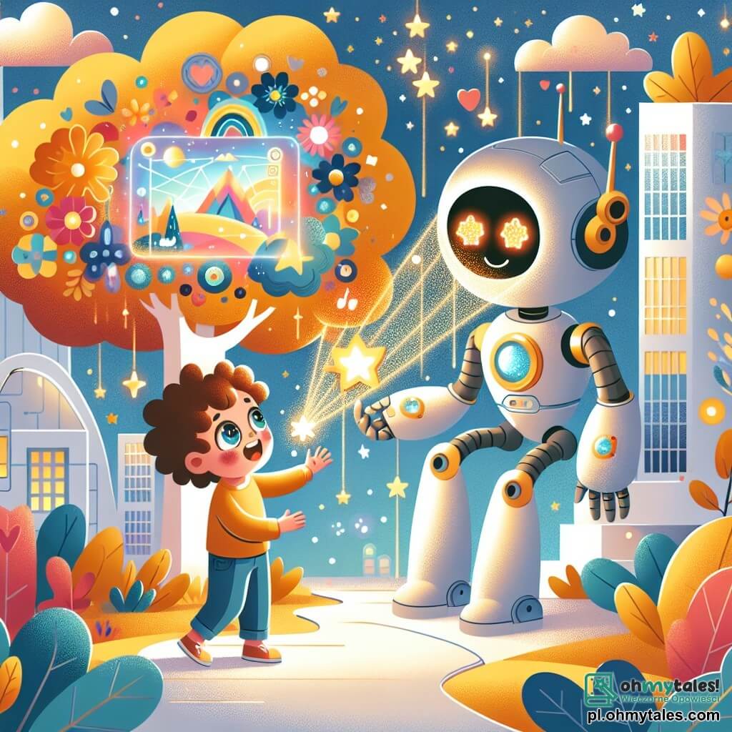 Une illustration sous forme de dessin destinée aux enfants représentant un parc futuriste dans la ville des Złotych Chmur, avec des arbres aux feuilles multicolores et des fleurs chantantes, où un garçon de 3 ans aux cheveux bouclés et aux yeux pétillants explore avec émerveillement, tandis qu'un grand robot amical, au corps argenté et aux yeux lumineux, lui montre un écran holographique affichant des images de son domicile, le tout baigné dans une lumière dorée et magique, symbolisant l'aventure et la découverte.