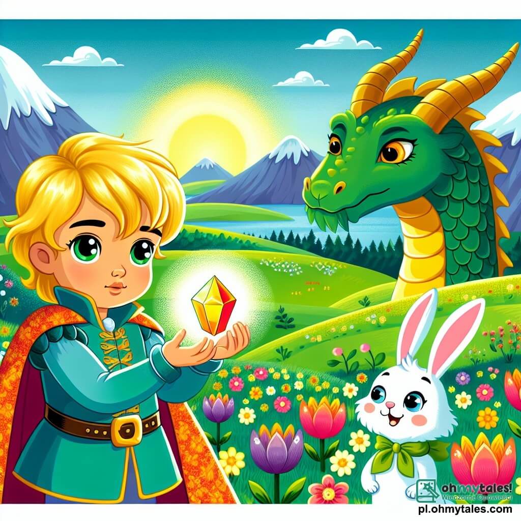 Une illustration sous forme de dessin destinée aux enfants représentant un magnifique paysage de royaume avec des collines verdoyantes et des fleurs colorées, où un prince courageux aux cheveux dorés et aux yeux brillants se tient avec détermination, tenant un petit cristal scintillant dans sa main, tandis qu'à ses côtés, un joyeux petit lapin aux grandes oreilles observe avec curiosité, et en arrière-plan, un grand dragon aux écailles vertes, au regard triste, symbolisant la solitude, alors que le prince tente de l'approcher avec amitié pour apaiser la situation tendue.