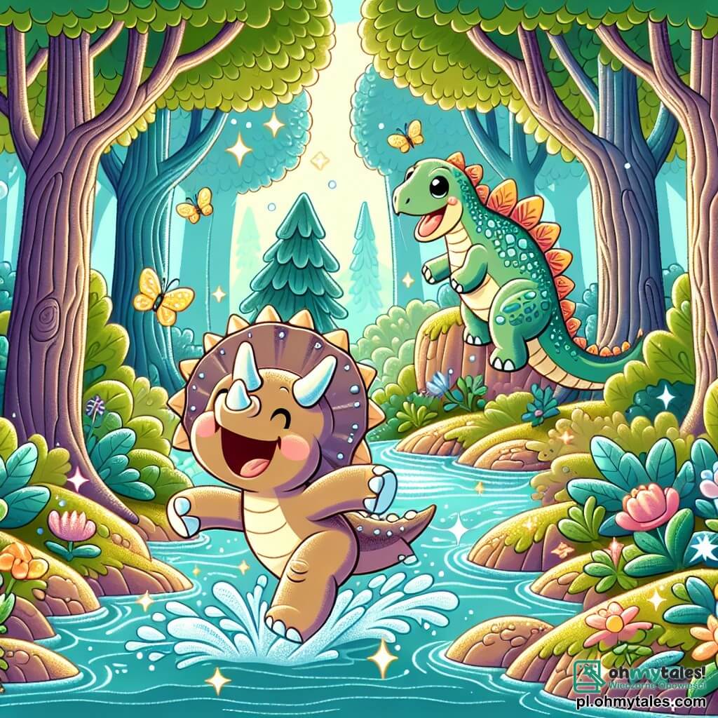 Une illustration sous forme de dessin destinée aux enfants représentant une forêt magique avec des arbres gigantesques aux feuilles brillantes, où un tricératops aux trois cornes et à la tête ronde, joyeusement en train de sauter dans une rivière scintillante, est accompagné d'un petit stégosaure à la carapace en forme de plaques, qui éclabousse l'eau en riant, tandis que des fleurs colorées et des papillons dansent autour d'eux, capturant l'esprit d'aventure et d'amitié de leur journée d'exploration.
