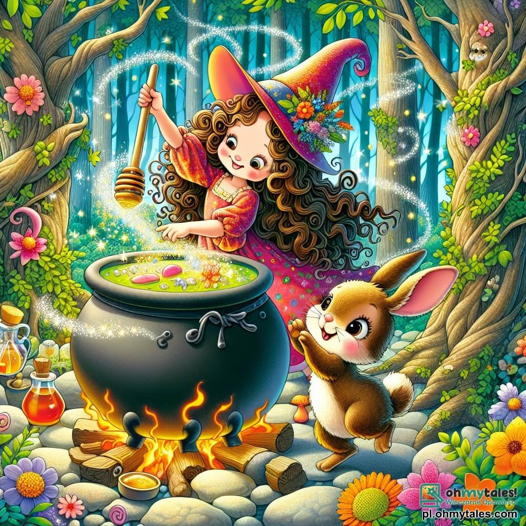 Une illustration sous forme de dessin destinée aux enfants représentant une forêt enchantée aux arbres dansants et aux fleurs chantantes, avec une sorcière aux longs cheveux bouclés et à la robe colorée, en train de mélanger des ingrédients magiques dans un grand chaudron, tandis qu'un petit lapin espiègle, aux grandes oreilles et au pelage brun, tente d'attraper du miel qui déborde d'un pot, le tout dans une atmosphère joyeuse et pleine de magie, où des éclats de lumière scintillent autour d'eux.