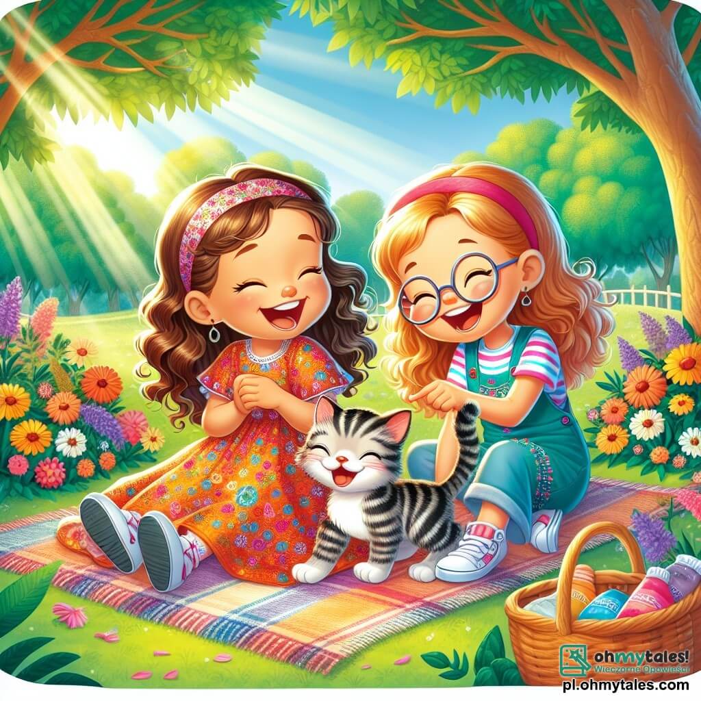 Une illustration sous forme de dessin destinée aux enfants représentant un parc ensoleillé avec des arbres verdoyants et des fleurs colorées, où une fille de 7 ans aux longs cheveux bouclés et portant une robe colorée est assise sur une couverture, riant joyeusement avec une autre fille de 7 ans aux cheveux courts et portant des lunettes, tandis qu'elles caressent un petit chat tigré qui vient de les rejoindre, illustrant ainsi leur amitié naissante et leur joie de partager des moments ensemble.