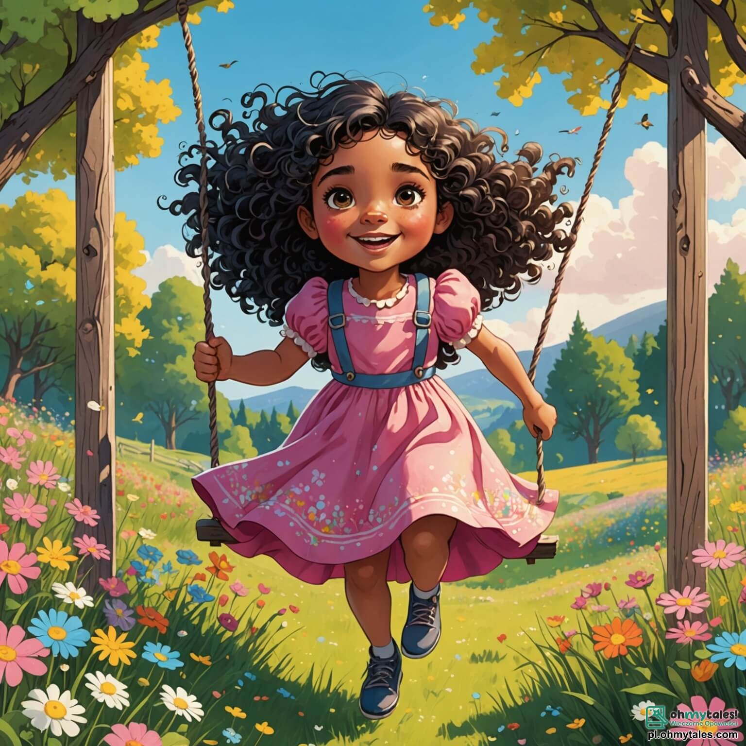 Une illustration destinée aux enfants représentant une petite fille aux cheveux bouclés et aux yeux pétillants, courant joyeusement à travers une vaste łąka parsemée de fleurs colorées, où elle découvre une nouvelle camarade, une autre fille aux longs cheveux noirs et à la robe rose, assise tristement sur une vieille balançoire en bois, tandis que le soleil brille au-dessus d'eux, illuminant les visages des enfants qui les entourent, tous jouant ensemble dans cette scène de tolérance et d'amitié, dans un petit village où les maisons aux façades pastel se mêlent à la verdure environnante et où les rires résonnent comme une douce mélodie.