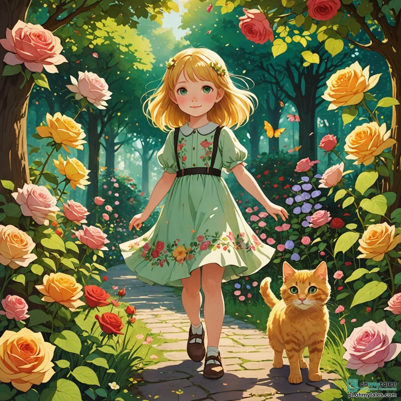 Une illustration destinée aux enfants représentant une petite fille aux cheveux dorés, vêtue d'une robe légère ornée de fleurs colorées, se tenant au milieu d'un jardin enchanteur où les roses éclatantes dansent au gré du vent, tandis qu'elle cherche son ami à quatre pattes, un chat espiègle aux yeux verts étincelants, qui a mystérieusement disparu, entourée de grands arbres aux feuilles bruissantes et de papillons virevoltant autour d'elle, tout en se remémorant les doux souvenirs partagés, avec en toile de fond une douce lumière dorée filtrant à travers les branches, créant une atmosphère à la fois mélancolique et pleine d'espoir.