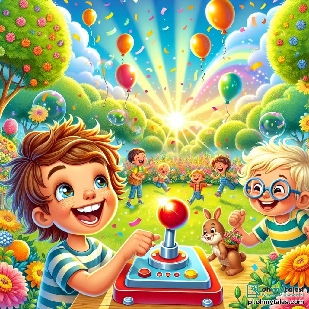 Ilustracja przedstawiająca słoneczne popołudnie w kolorowym ogrodzie, wypełnionym jaskrawymi kwiatami i zielonymi drzewami. W centrum obrazu stoi 7-letni chłopiec z rozczochranymi brązowymi włosami i błyszczącymi oczami, który głośno się śmieje, trzymając dużą czerwoną guzik na błyszczącej maszynie o nazwie "Śmieszkomat". Obok niego inny chłopiec w wieku około 7 lat, z blond włosami i okrągłymi okularami, próbuje złapać małego pluszowego królika, który ucieka, a jego twarz rozświetla szeroki uśmiech. W tle unoszą się bańki mydlane, tworząc tęczowe refleksy, podczas gdy dzieci śmieją się i biegają za kolorowymi balonami, które odlatują. Scena emanuje radosną i zabawną atmosferą, pełną śmiechu i niespodzianek, z konfetti delikatnie spadającym z nieba.