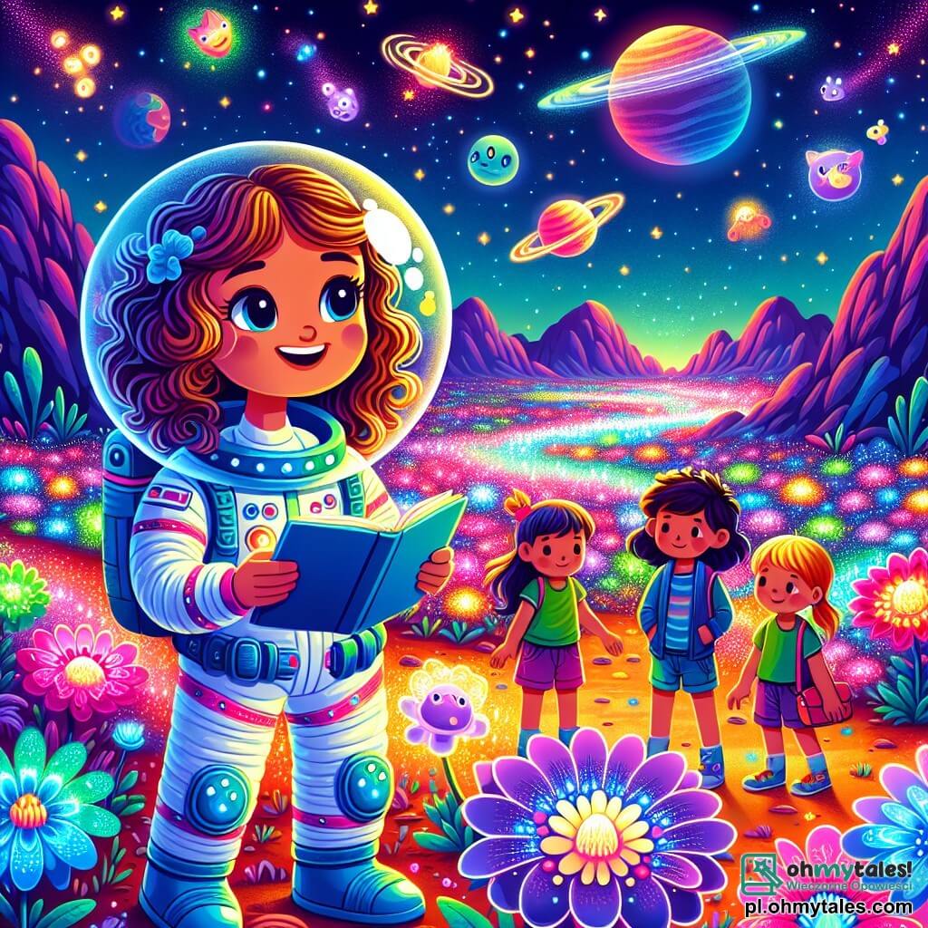 Ilustracja przedstawiająca żywą scenę na kolorowej planecie pozaziemskiej, gdzie ziemia pokryta jest luminescencyjnymi kwiatami w jaskrawych odcieniach fioletu, niebieskiego i zielonego. W tle błyszczące góry wznoszą się pod gwiaździstym niebem, usianym planetami i świecącymi gwiazdami. Na pierwszym planie astronautka z przezroczystym hełmem, odsłaniającym jej falujące brązowe włosy, nosi białą skafander ozdobioną niebieskimi i czerwonymi wzorami. Uśmiecha się, zachwycona, zapisując notatki w małym notesie, otoczona przyjaznymi stworzeniami przypominającymi małe hybrydowe zwierzęta, z ciałami kotów i skrzydłami kolibrów, które fruwają wokół niej z ciekawością. W pobliżu grupa trzech dzieci, dwóch dziewczynek i chłopca w wieku około 8-10 lat, obserwuje scenę. Dziewczynki mają kręcone blond włosy, jedna ma na sobie różową sukienkę, druga zielony t-shirt i szorty. Chłopiec z krótkimi brązowymi włosami nosi niebieski t-shirt i beżowe spodnie. Są zafascynowani stworzeniami i wymieniają zachwycone spojrzenia. Główna sytuacja pokazuje astronautkę odkrywającą tę nową planetę, otoczoną lokalną fauną, dzielącą swoją radość i zachwyt z dziećmi, które marzą o kosmicznych przygodach. Błyszczące gwiazdy i iskierki światła dodają magicznego akcentu tej scenie eksploracji i odkrycia.