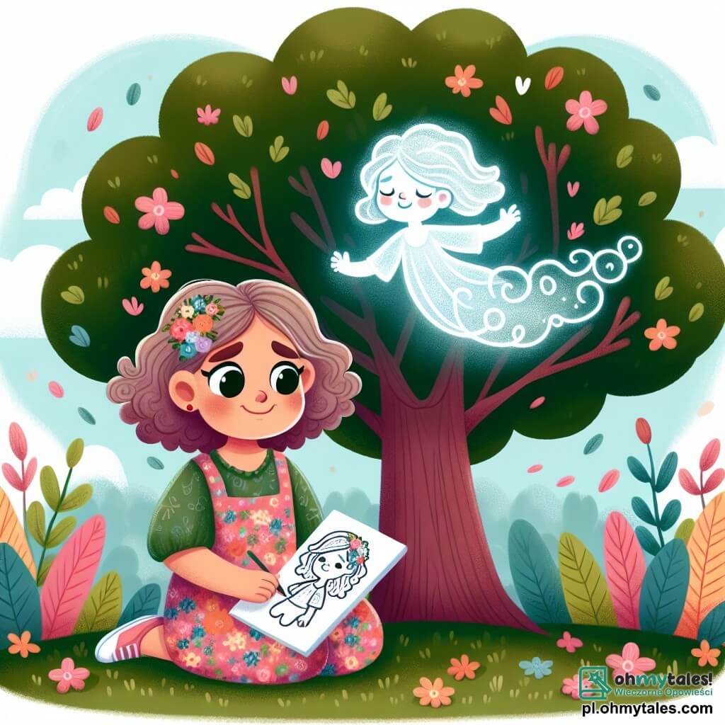 Une illustration sous forme de dessin destinée aux enfants représentant un jardin coloré avec un grand arbre aux branches étendues, où une petite fille de 5 ans aux cheveux bouclés et aux yeux brillants, vêtue d'une robe à fleurs, est assise sur l'herbe, tenant un dessin de son ami, tandis qu'une silhouette lumineuse en forme de nuage, représentant son ami, flotte doucement au-dessus d'elle, créant une atmosphère douce et réconfortante, symbolisant le lien d'amitié et les souvenirs qui perdurent malgré l'absence.