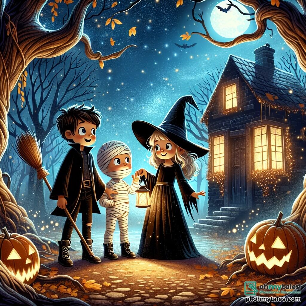 Ilustracja przedstawiająca magiczną scenę Halloween w starym, tajemniczym parku, z drzewami o skręconych gałęziach, złotymi liśćmi delikatnie opadającymi na ziemię i gwiaździstym niebem oświetlonym pełnią księżyca. W centrum grupa trzech dzieci: ośmioletni chłopiec z małą protezą nogi, ubrany w czarny strój czarodzieja z ostro zakończonym kapeluszem, trzymający latarnię. Obok niego ośmioletnia dziewczynka, przebrana za czarownicę w czarnej sukience i dużym kapeluszu, trzymająca drewnianą miotłę. Na końcu inny ośmioletni chłopiec, owinięty w białe bandaże, przypominający mumię, z szerokim uśmiechem na twarzy. Stoją przed starym domkiem z zakurzonymi oknami, w którym świeci tajemnicze światło. Dzieci wydają się zachwycone i trochę przestraszone, patrząc na małą świecącą istotkę unoszącą się z starej książki leżącej na stole wewnątrz domku, dodającą magii do sceny. Wokół nich leżą wydrążone dynie i pajęczyny, wzmacniając atmosferę Halloween.