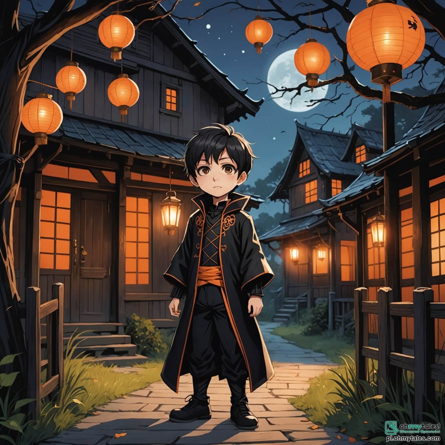 Une illustration destinée aux enfants représentant un garçon aux yeux pétillants de curiosité, vêtu d'un costume de vampire noir scintillant sous la lumière des lanternes orange, se tenant courageusement devant une vieille maison en bois aux volets grinçants, entourée de grands arbres aux branches tordues qui semblent murmurer des secrets, tandis qu'à ses côtés, son ami, un garçon aux allures de momie, l'encourage avec un sourire complice, et un petit chat noir aux yeux brillants observe la scène, prêt à les suivre dans leur quête de bonbons et d'aventures mystérieuses lors de la nuit d'Halloween.