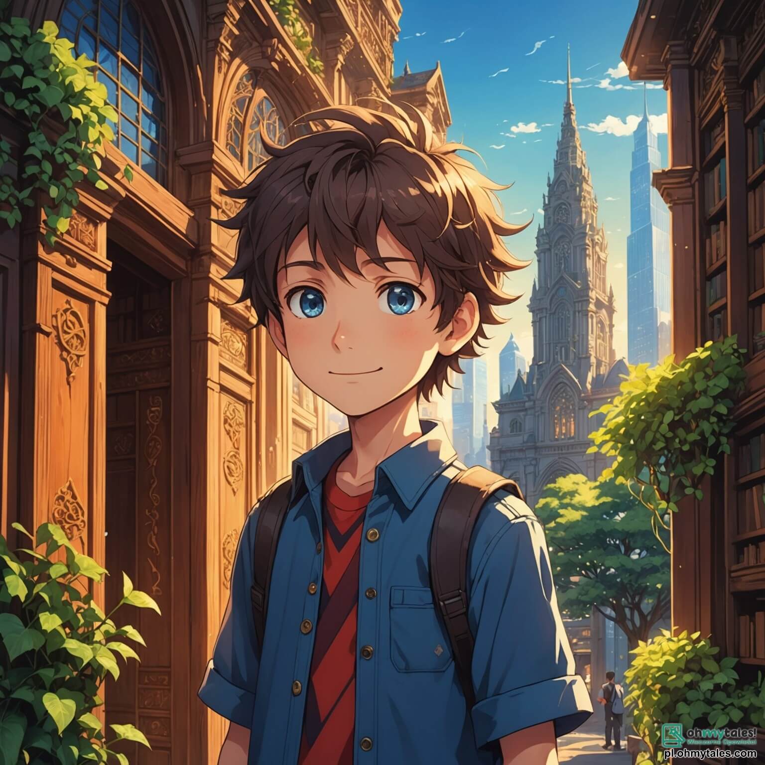 Une illustration destinée aux enfants représentant un garçon aux yeux pétillants de curiosité, avec des cheveux ébouriffés et un sourire espiègle, se tenant au cœur d'une ville vibrante où les gratte-ciels scintillent comme des cristaux sous le soleil couchant, tandis qu'il se retrouve face à une bibliothèque ancienne aux portes en bois sculpté, entourée de lianes de lumière magique, où il doit résoudre le mystère d'une disparition enchantée avec l'aide d'un petit être féérique aux ailes iridescentes, qui virevolte autour de lui, et d'une sage vieille femme, gardienne des secrets, qui l'observe depuis l'ombre d'un lampadaire vintage, le tout baignant dans une atmosphère de mystère et d'aventure.