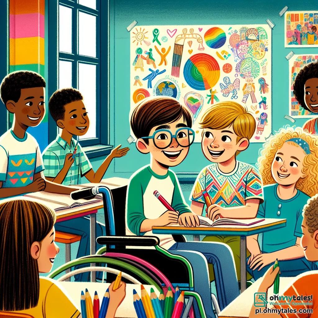 Une illustration sous forme de dessin destinée aux enfants représentant une salle de classe lumineuse avec des murs colorés, où un garçon de 11 ans, aux cheveux bruns et aux lunettes, est assis dans un fauteuil roulant, souriant et tenant des crayons de couleur, tandis qu'une fille aux cheveux blonds et bouclés, vêtue d'un t-shirt à motifs, se penche vers lui avec enthousiasme, tous deux travaillant ensemble sur un grand poster illustrant la diversité et l'acceptation des différences, entourés de camarades de classe curieux qui les encouragent.
