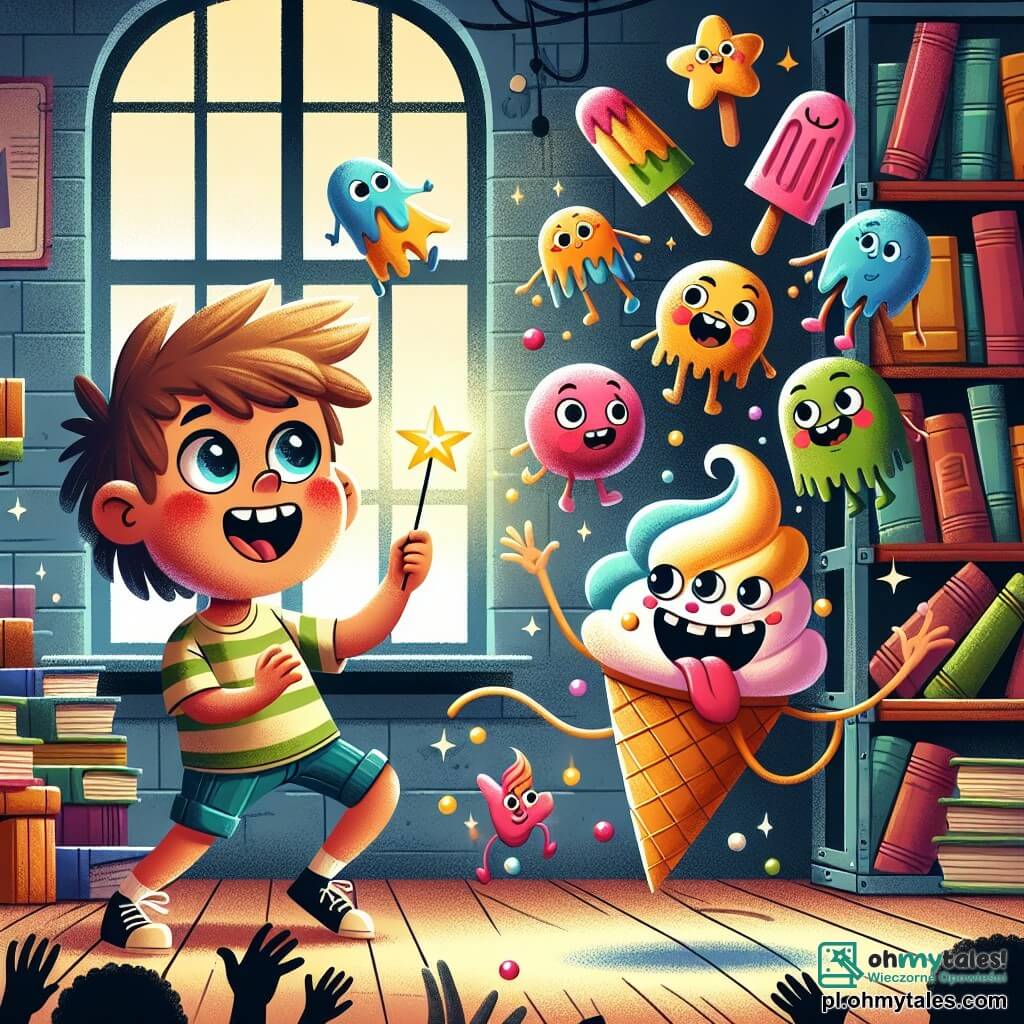 Une illustration sous forme de dessin destinée aux enfants représentant une vieille bibliothèque poussiéreuse remplie de livres colorés, où un garçon de 9 ans aux cheveux ébouriffés et aux yeux pétillants, tenant une petite étoile brillante dans sa main, regarde avec émerveillement des glaces dansantes aux couleurs vives, tandis qu'un petit monstre en forme de glace, avec un grand sourire et des yeux ronds, s'amuse à jongler avec des boules de glace qui flottent autour d'eux, capturant l'instant magique et humoristique où la réalité se mélange à la fantaisie.