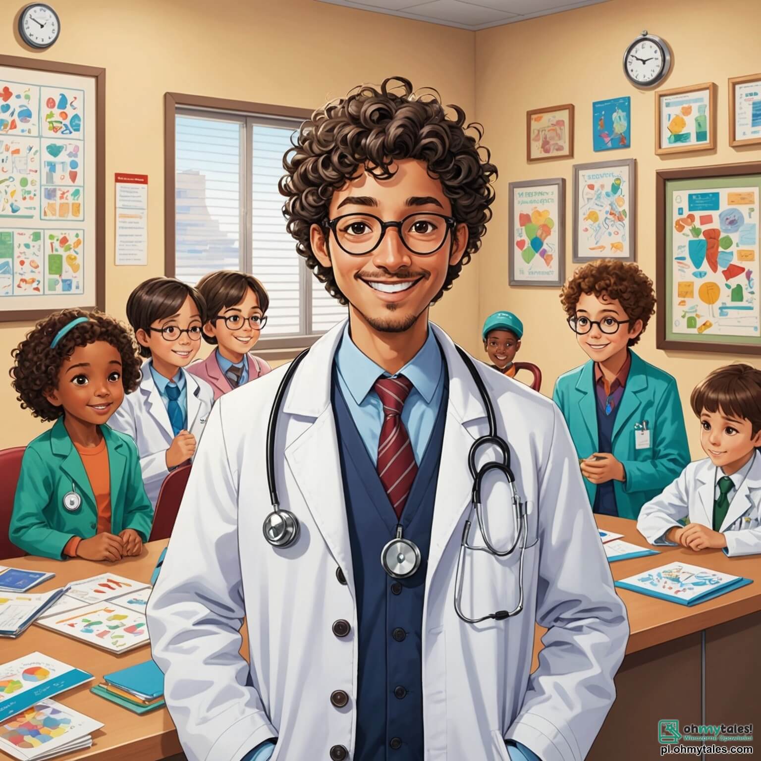 Une illustration destinée aux enfants représentant un homme au sourire chaleureux, vêtu d'un élégant manteau blanc, avec un stéthoscope suspendu autour de son cou, se tenant dans son cabinet médical coloré aux murs ornés de dessins d'enfants et de diplômes encadrés, où il aide des enfants curieux, comme une petite fille aux cheveux bouclés qui s'interroge sur les mystères de la médecine, et un petit garçon aux lunettes qui observe avec fascination les instruments médicaux, le tout se déroulant dans une pièce lumineuse, remplie de jouets et de livres, où l'air est empli d'une douce odeur de désinfectant et de fleurs, créant une atmosphère à la fois rassurante et joyeuse.